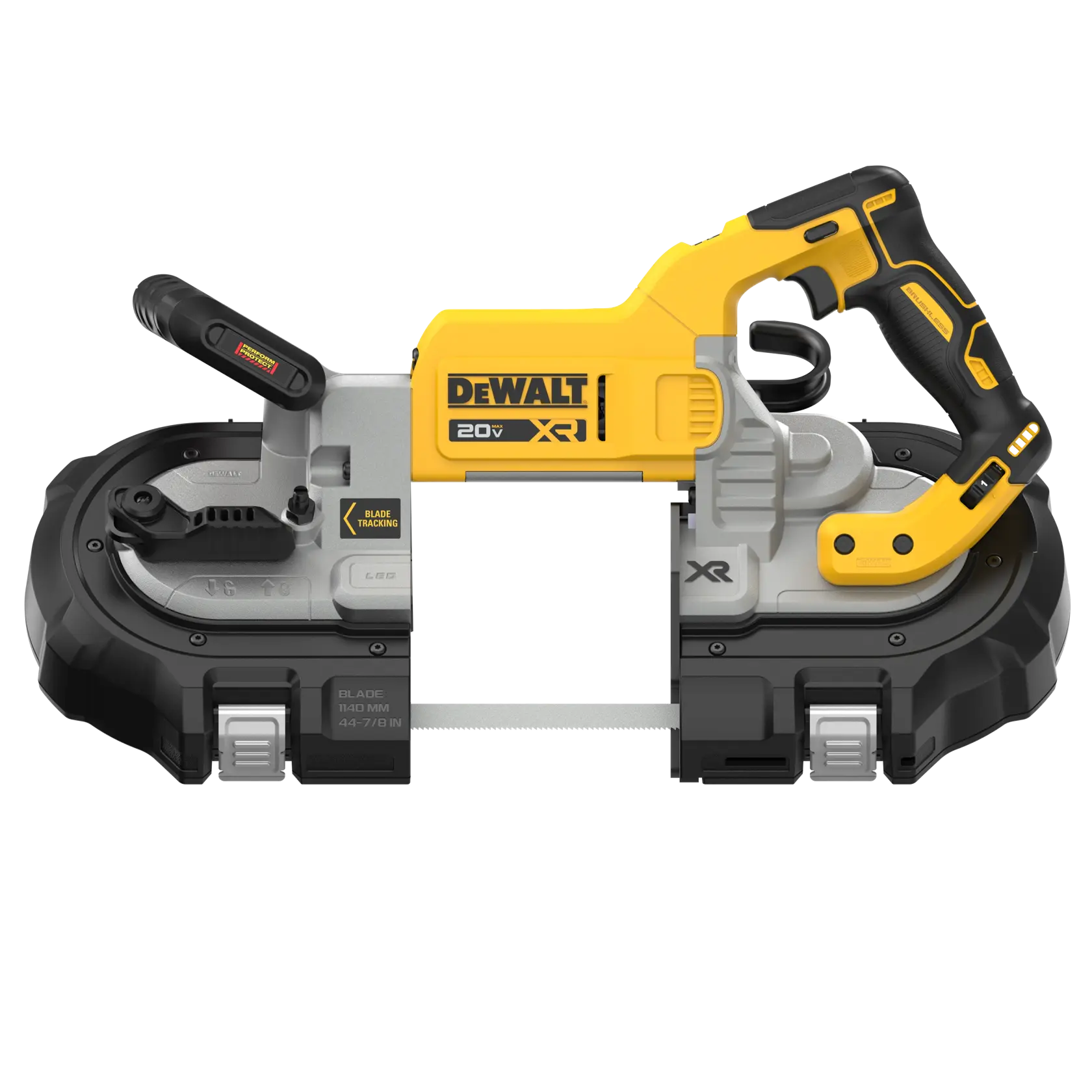 Uma serra de fita sem fio DEWALT 20V XR com cabo e corpo amarelo e preto, projetada para cortar materiais de metal ou madeira.