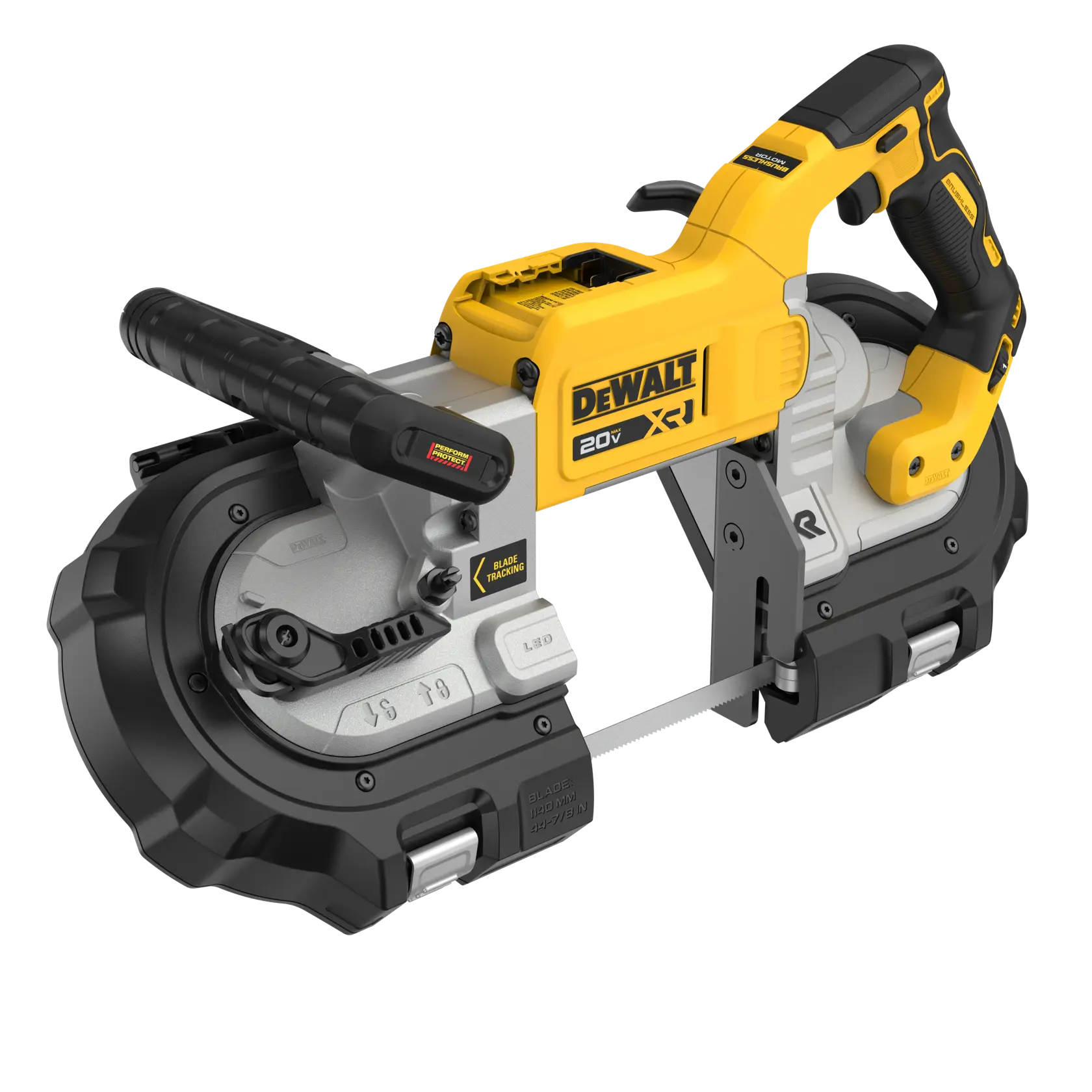 Uma serra de fita sem fio DEWALT 20V amarela e preta com alças ergonômicas e lâmina de corte de metal, mostrada de uma perspectiva angular.