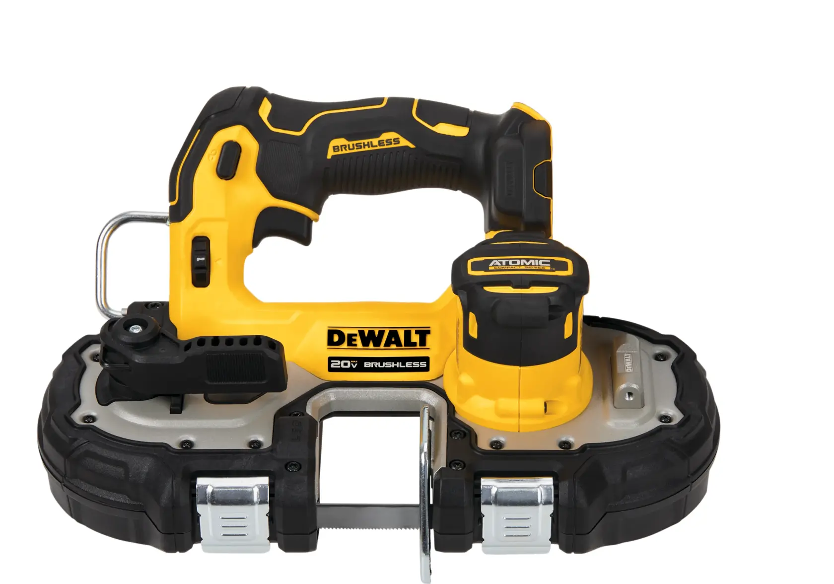 Serra de fita sem fio brushless DEWALT 20V nas cores amarela e preta, modelo DCS377B, exibida em fundo branco.