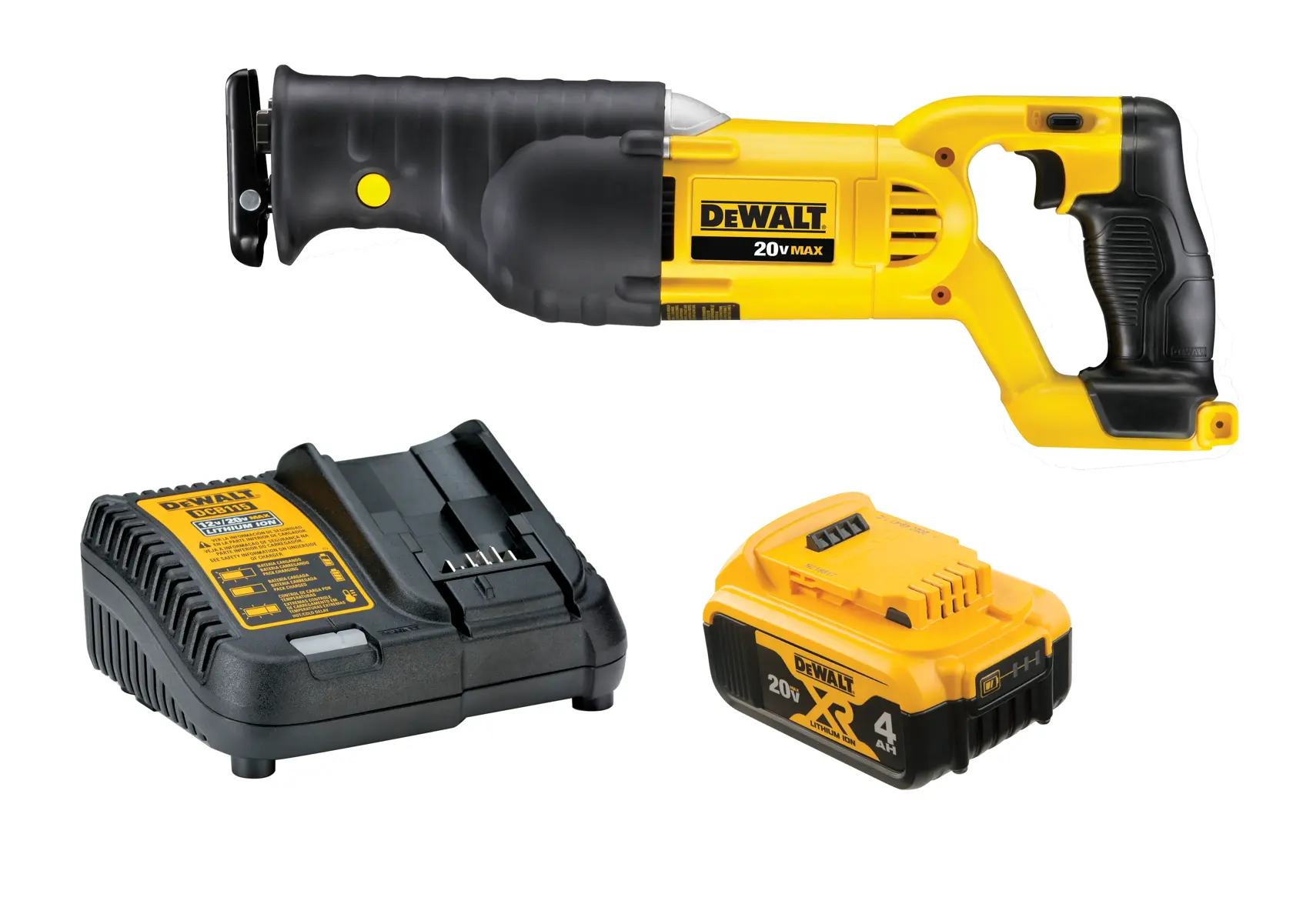 Um kit de serra recíproca DEWALT 20V MAX incluindo uma serra recíproca sem fio amarela e preta, um carregador de bateria e uma bateria de íon de lítio 20V 4Ah.