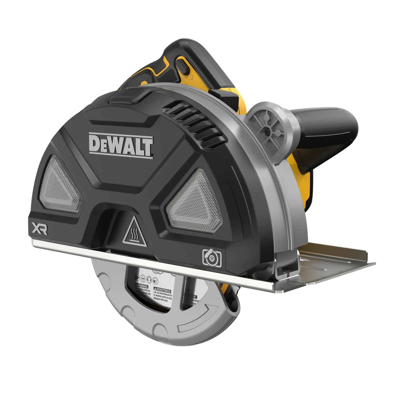 Uma serra circular sem fio DEWALT com proteção preta e prateada, marcada com XR, possui cabos ergonômicos e uma lâmina parcialmente visível.
