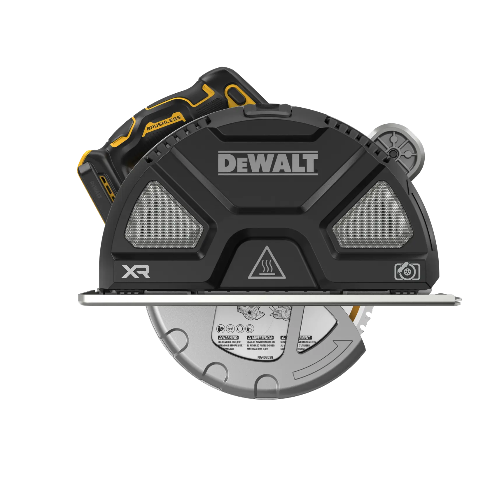 Vista frontal de uma serra circular sem fio DEWALT, modelo DCS383B, com motor brushless e marca XR. A serra possui tampa de lâmina visível e símbolos de advertência de segurança.