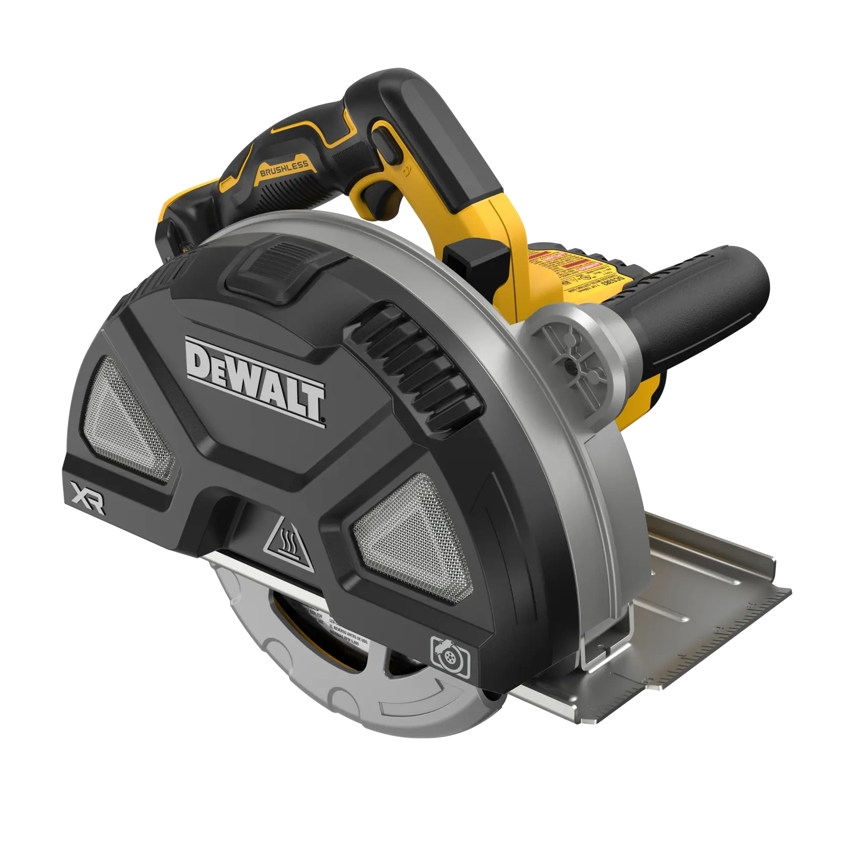 Uma serra circular sem fio DEWALT com cabo preto e amarelo, cobertura protetora da lâmina e placa de base de metal. A ferramenta apresenta o logotipo DEWALT e os rótulos XR e Brushless.