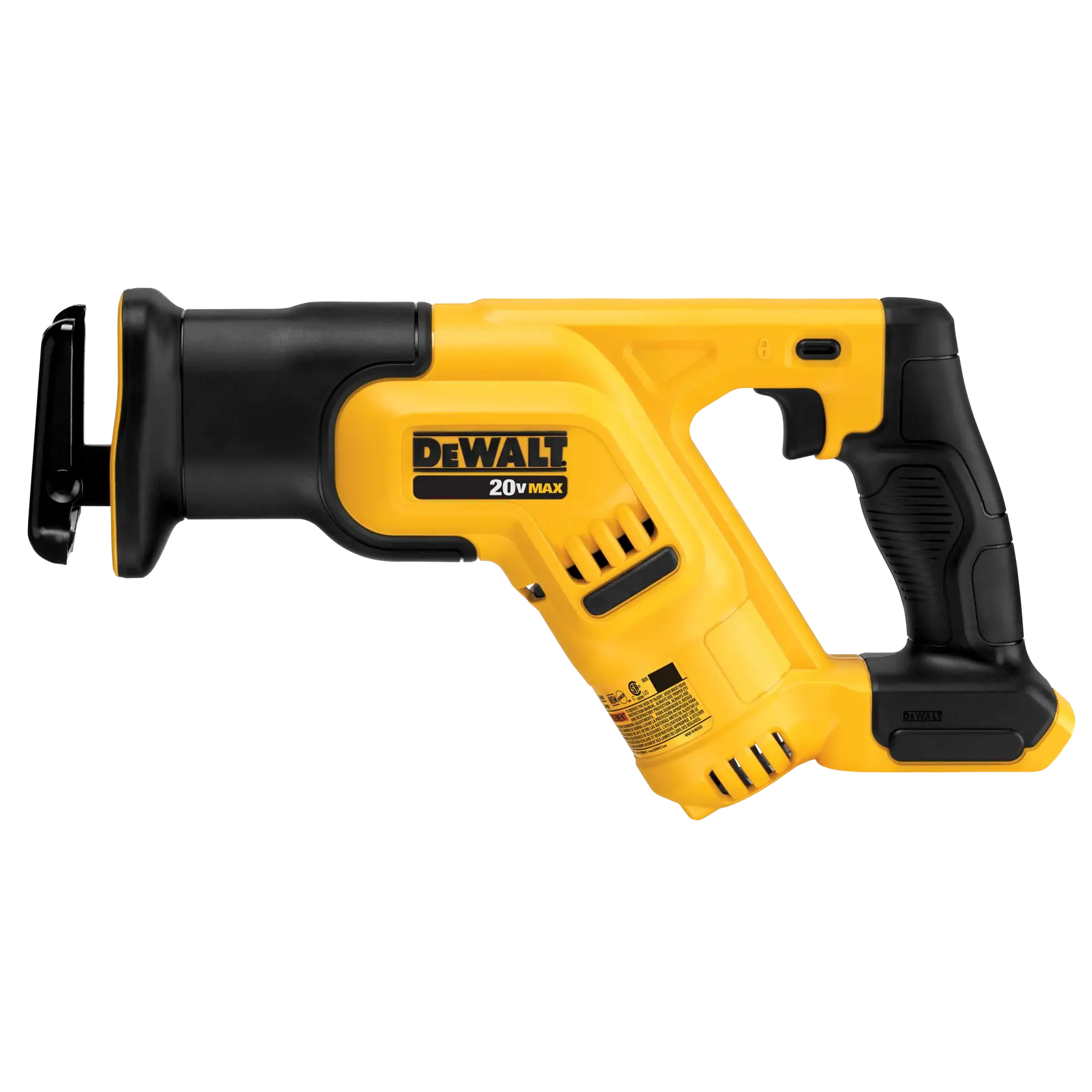 Serra recíproca sem fio DEWALT 20V MAX com design amarelo e preto, exibida sobre um fundo branco.