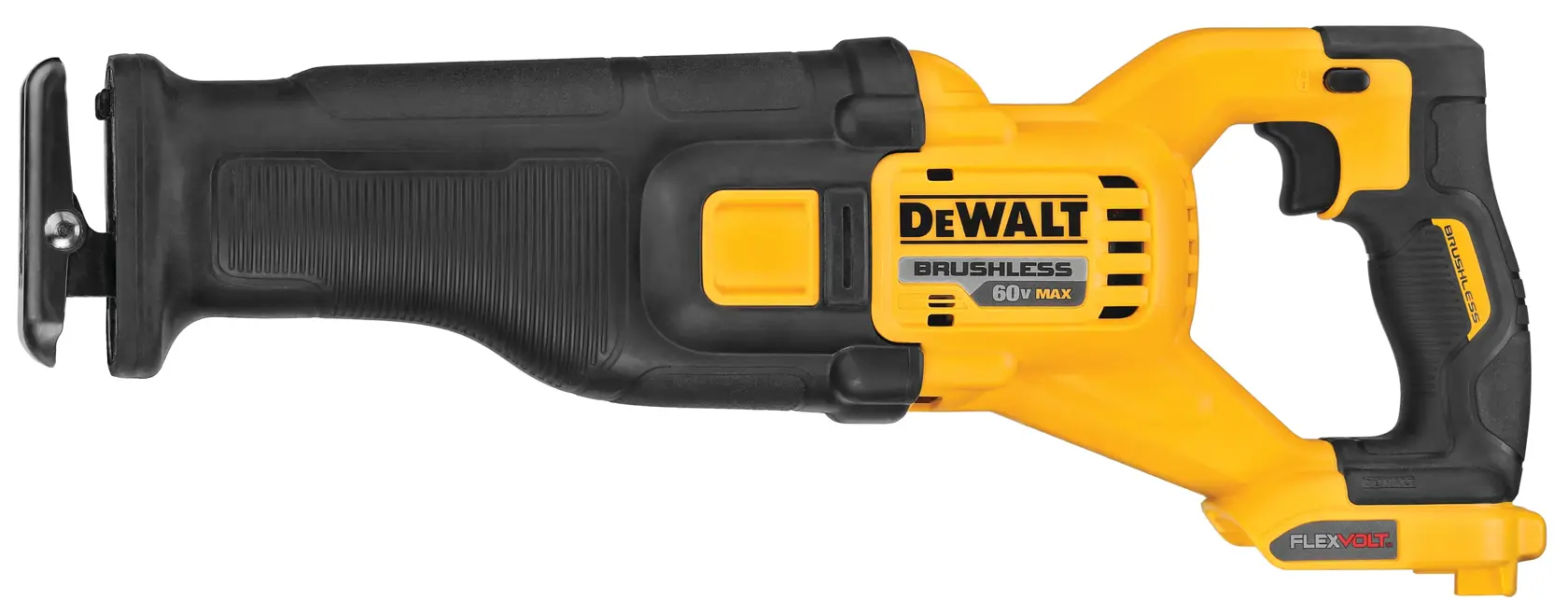 Uma serra recíproca DEWALT 60V MAX FlexVolt sem escovas, com design ergonômico amarelo e preto e cabo de gatilho.