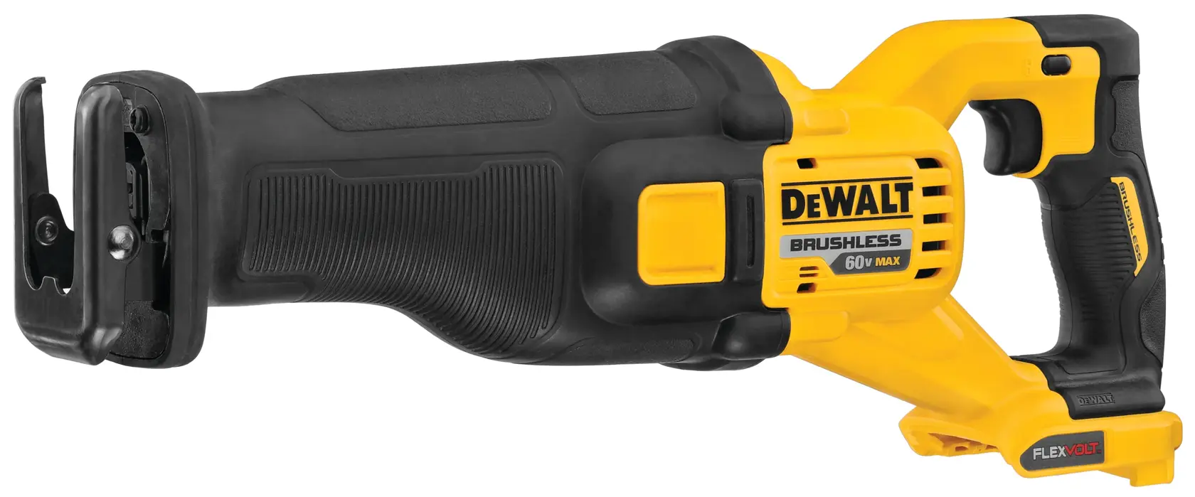 Uma serra recíproca DEWALT 60V MAX brushless com corpo amarelo e preto, com encaixe para bateria FLEXVOLT.