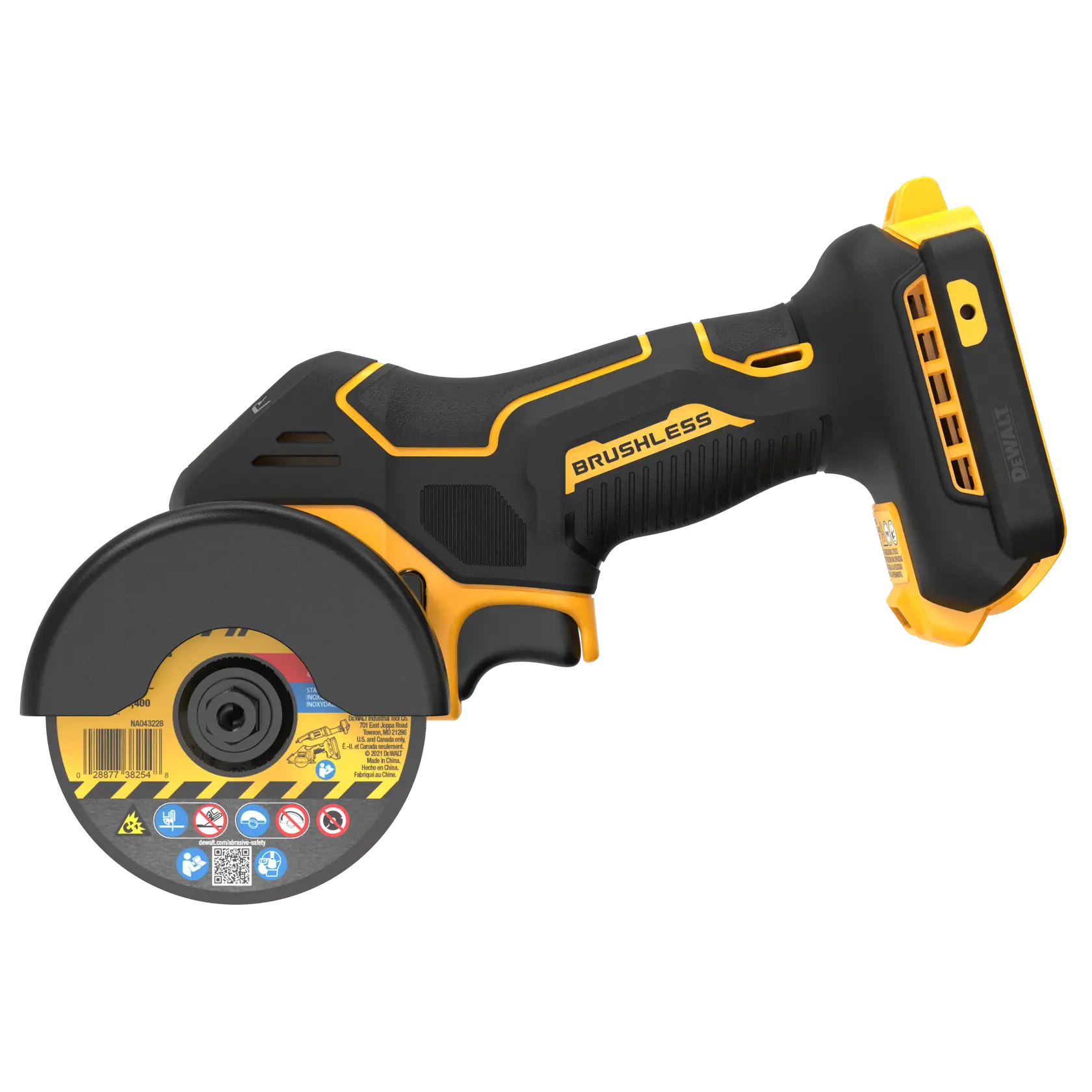 Uma ferramenta rotativa sem fio e sem escovas da marca DEWALT, com design preto e amarelo e cobertura protetora sobre o disco de corte.