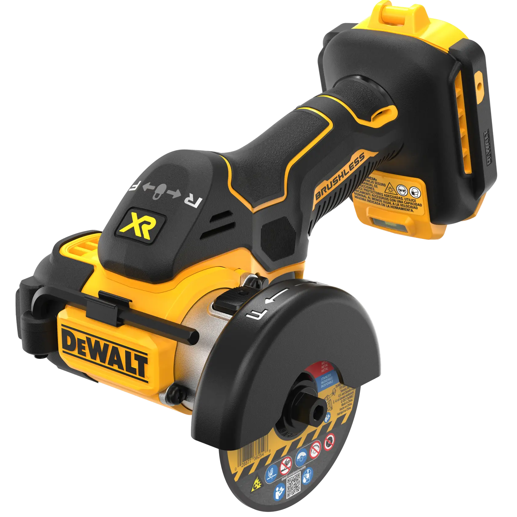 Imagem de close-up de uma ferramenta de corte compacto sem fio DEWALT, com design amarelo e preto. Exibe o logotipo DEWALT na lateral e a marca XR no topo. A ferramenta está mostrada sem a bateria.