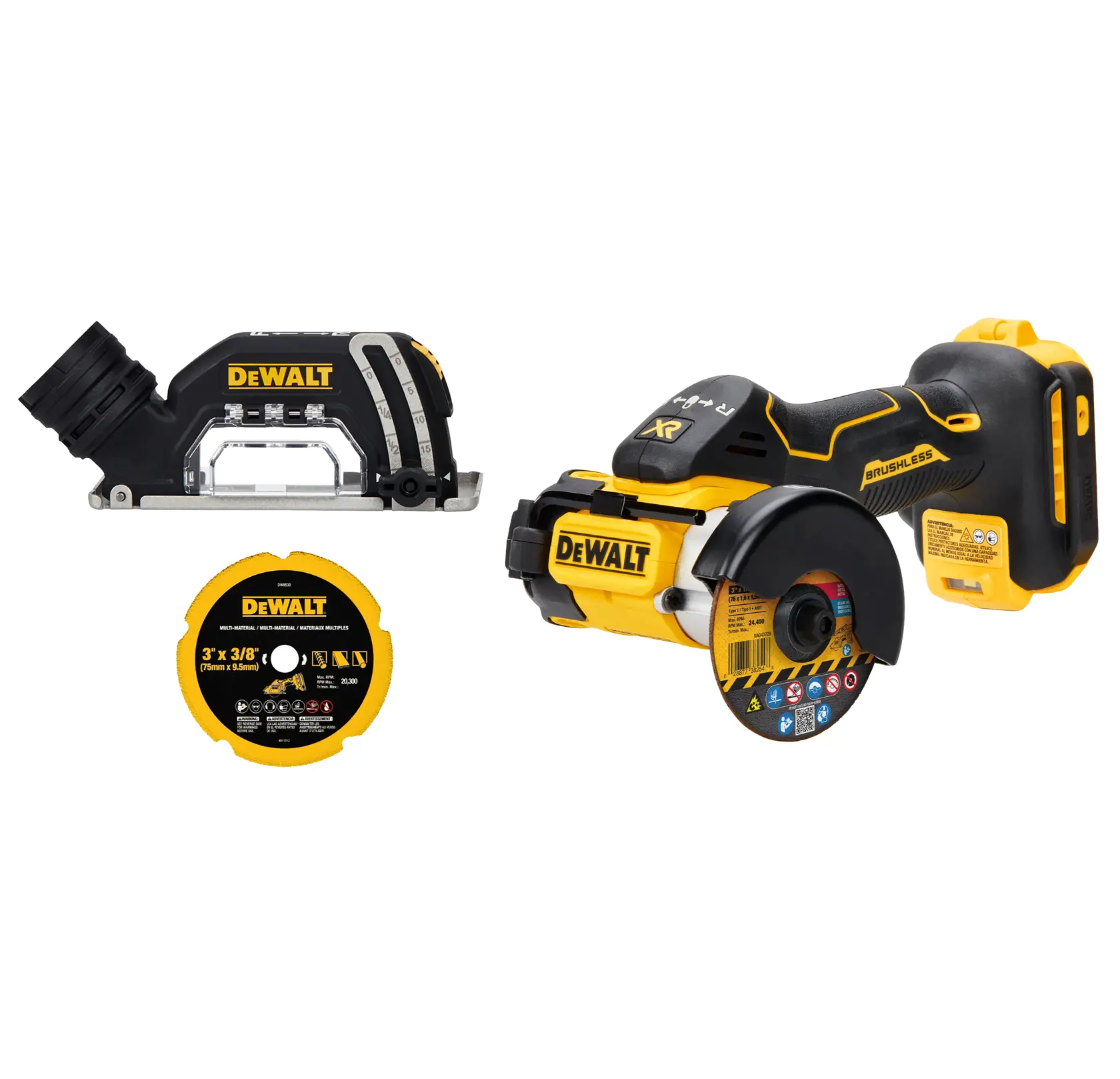 Close-up de uma esmerilhadeira angular sem fio e sem escovas da DEWALT. A ferramenta apresenta cores preta e amarela, proteção sobre o disco de corte e etiquetas de segurança e uso na lateral.