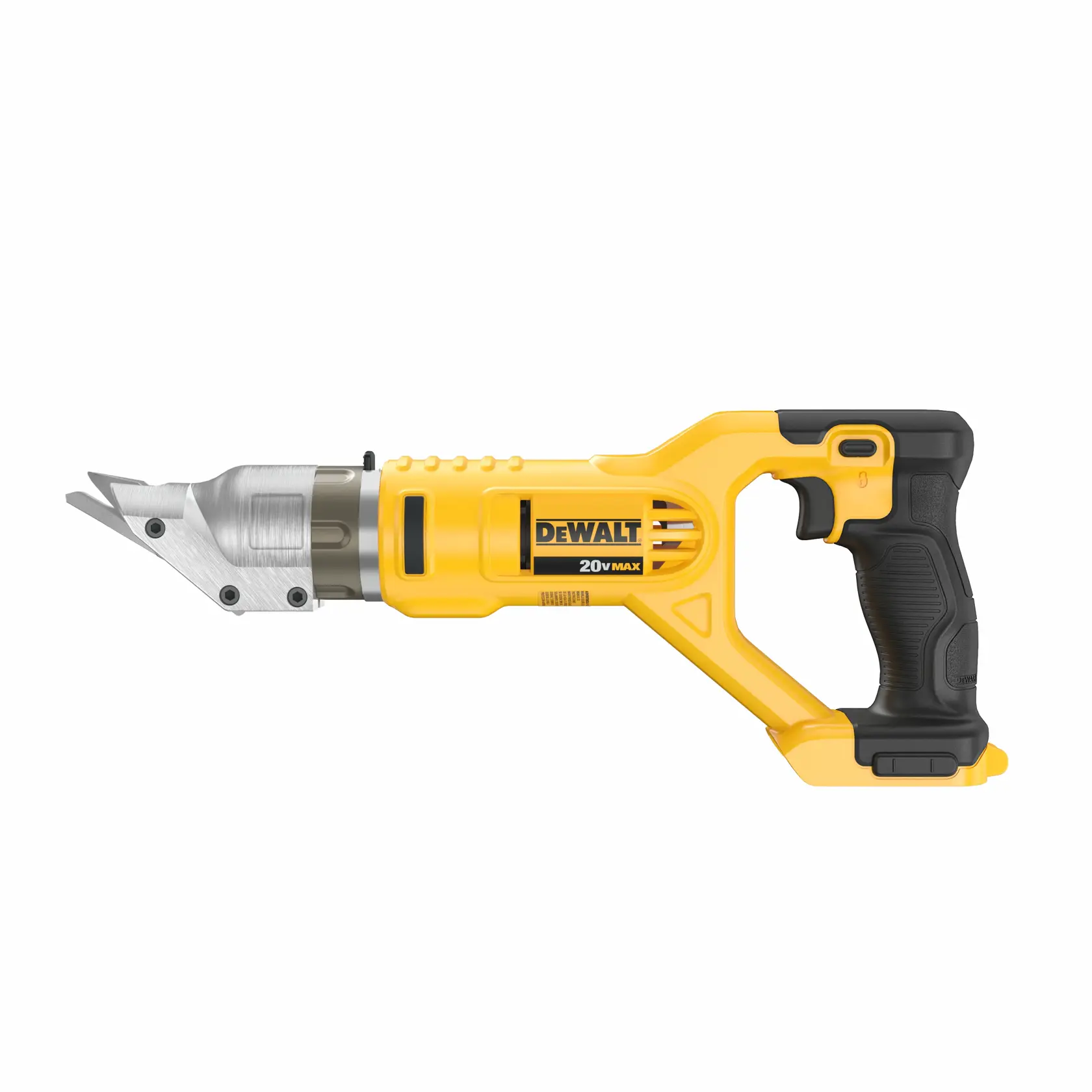 Ferramenta cortadora de metal sem fio DEWALT com cabo amarelo e preto, rotulada '20V Max', projetada para cortar chapas de metal.