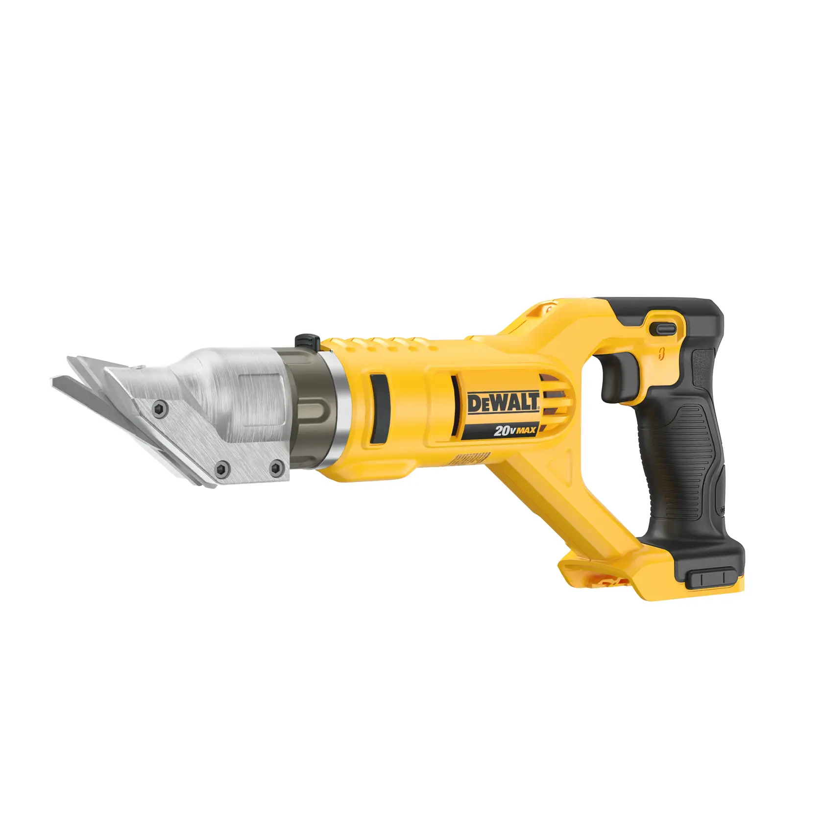Uma ferramenta de tesoura para metal DEWALT 20V Max sem fio, amarela e preta, com cabo tipo pistola e lâminas de corte anguladas.