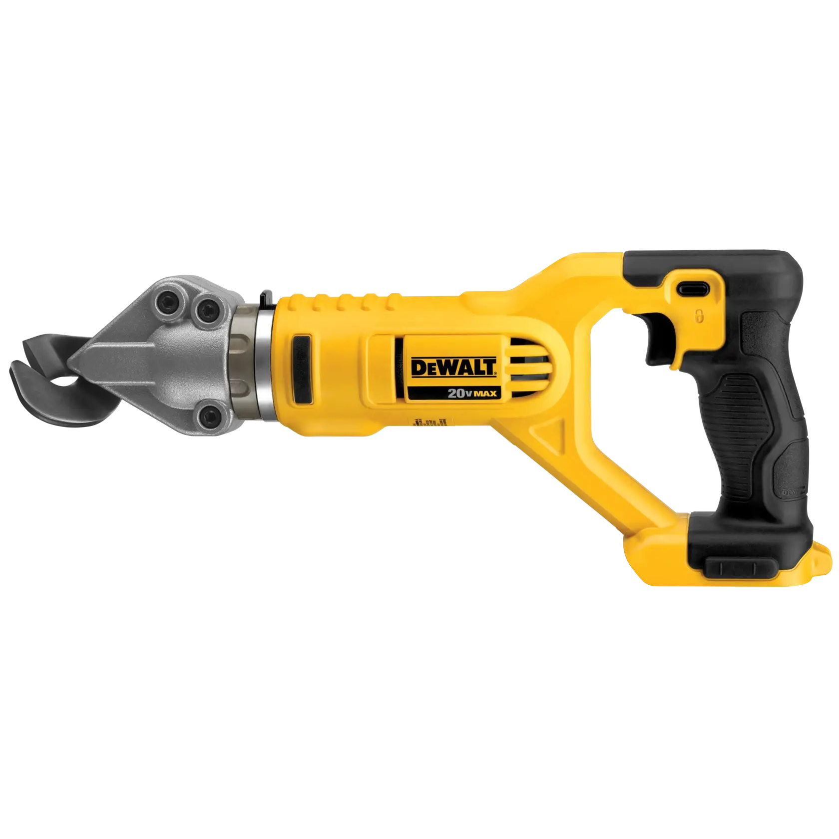 Uma ferramenta de tesoura sem fio para metal DEWALT 20V Max amarela e preta com cabo ergonômico, mostrada em um fundo branco.