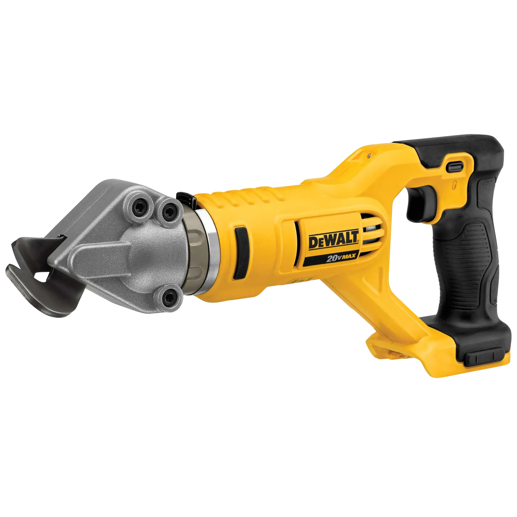 Uma tesoura elétrica sem fio DEWALT com cabo ergonômico amarelo e preto e cabeça de corte prateada, adequada para cortar chapas metálicas.
