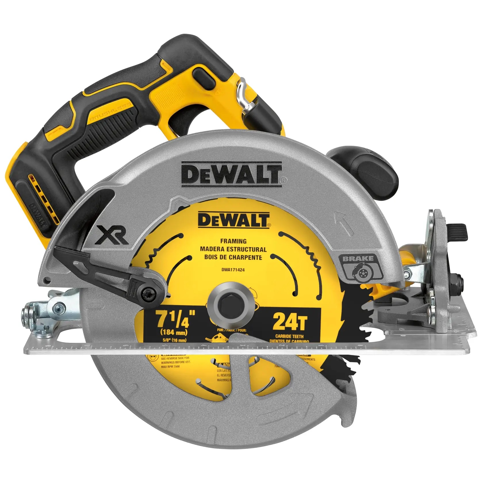 Serra circular sem fio DEWALT com cabo preto e amarelo, vista de lado. A lâmina está marcada como 7-1/4 polegadas, 24 dentes para carpintaria, com a marca DEWALT em destaque.