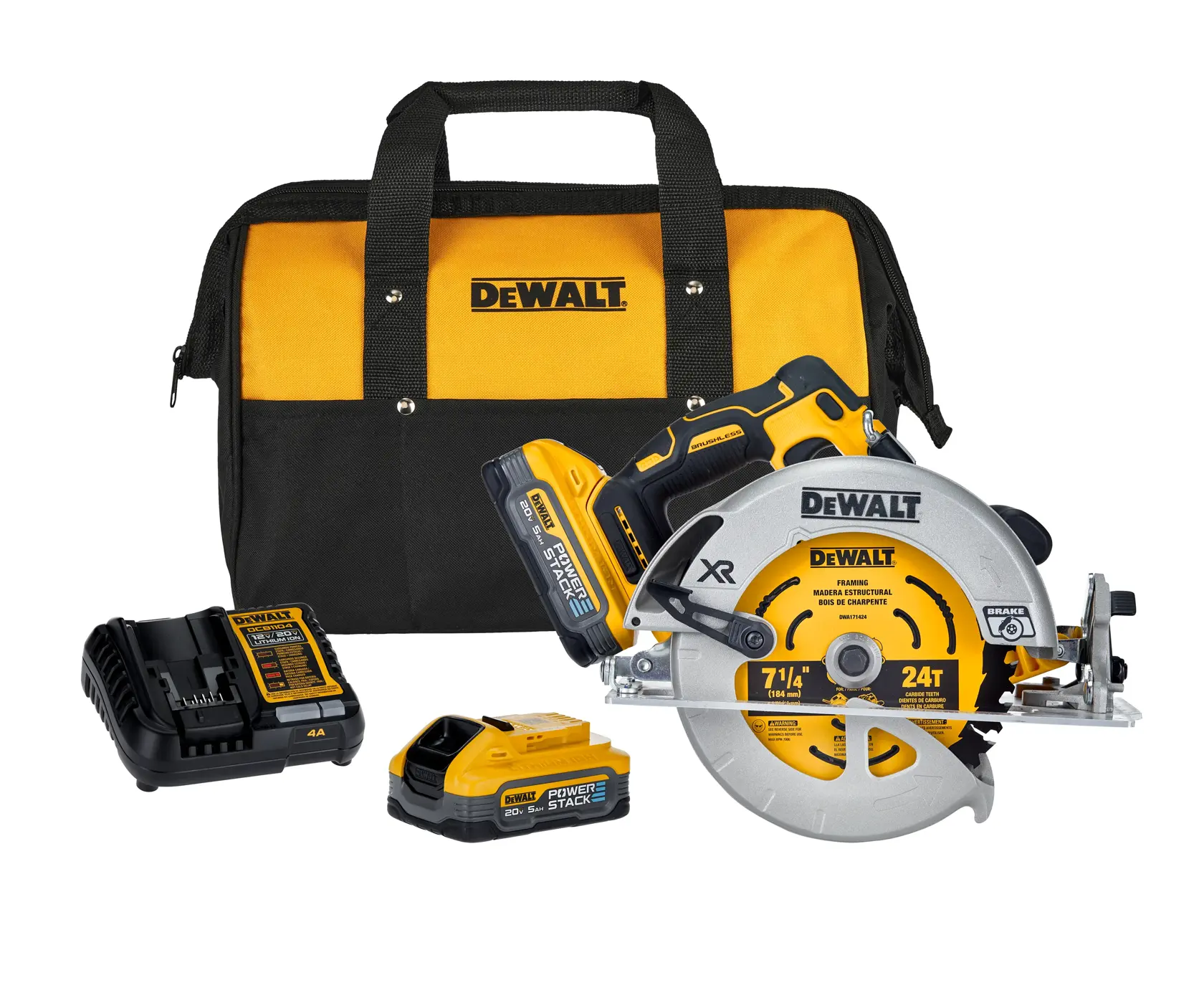 Um kit de serra circular sem fio DEWALT incluindo uma serra circular, duas baterias, um carregador de bateria e uma bolsa de transporte amarela e preta, todos dispostos juntos.