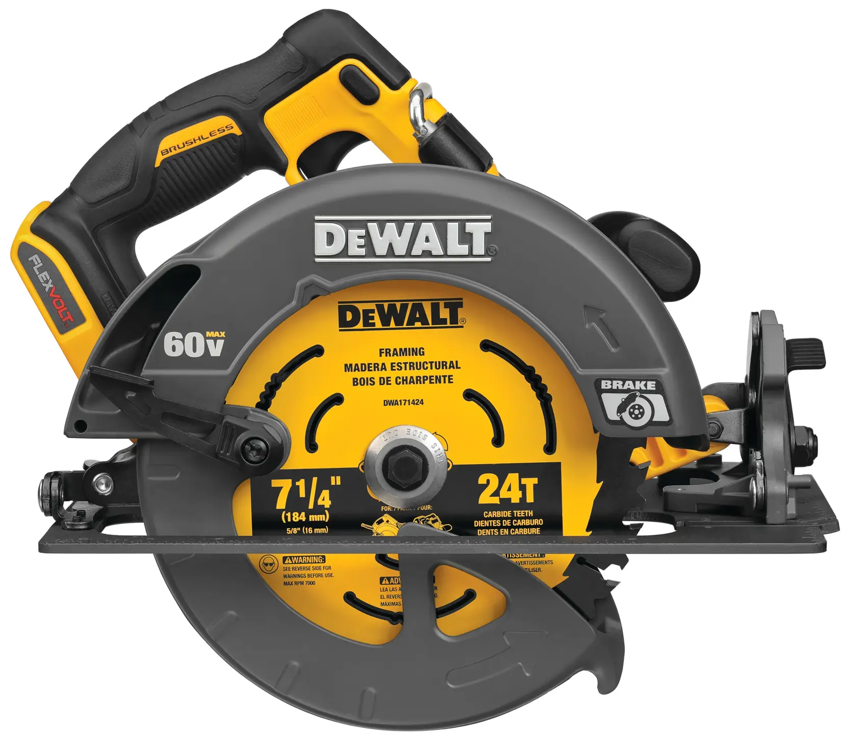 Uma serra circular sem fio DEWALT 60V MAX, modelo DCS578B, com design amarelo e preto. A serra está equipada com uma lâmina de 7-1/4 polegadas e 24 dentes de carbeto, adequada para corte de madeira estrutural e montagem. Possui motor brushless, capacidade FlexVolt e freio de lâmina para segurança.