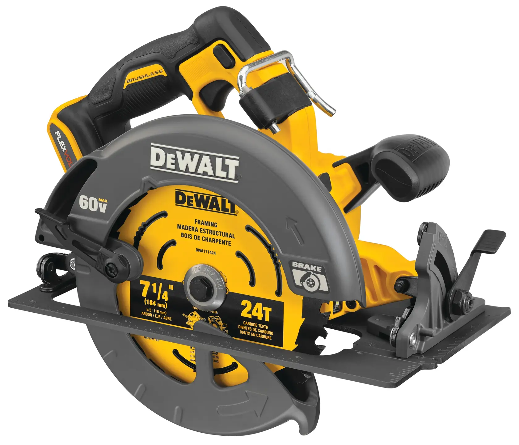 Uma serra circular sem fio DEWALT, com design amarelo e preto, motor brushless e lâmina de 7-1/4 polegadas para estruturação. A serra possui o logo FLEXVOLT 60V Max e cabo ergonômico, ideal para trabalhos de construção e marcenaria.