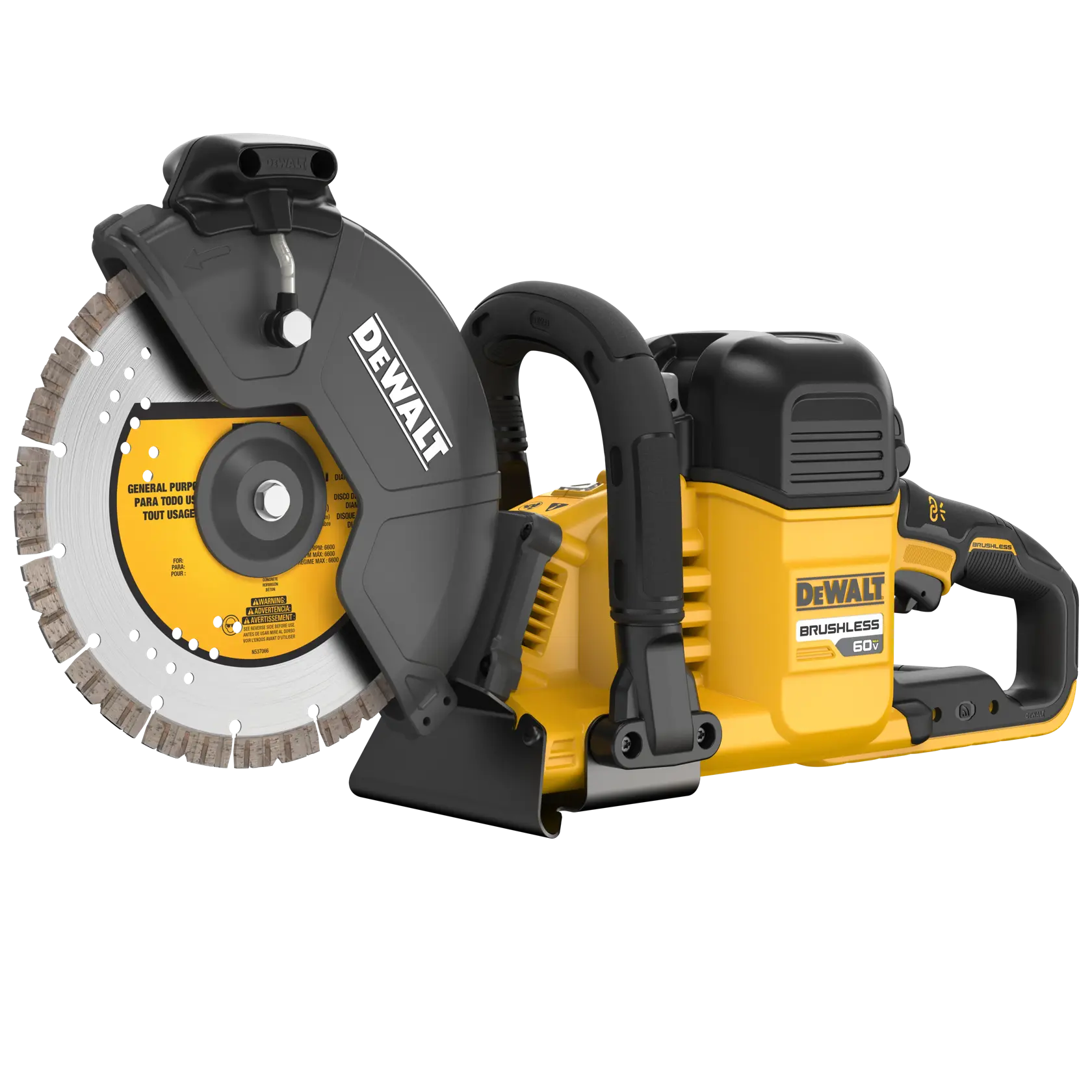 Uma serra de corte sem fio DEWALT brushless 60V, com corpo amarelo e preto, grande lâmina circular e cabos ergonômicos. A ferramenta é projetada para aplicações de corte pesado.