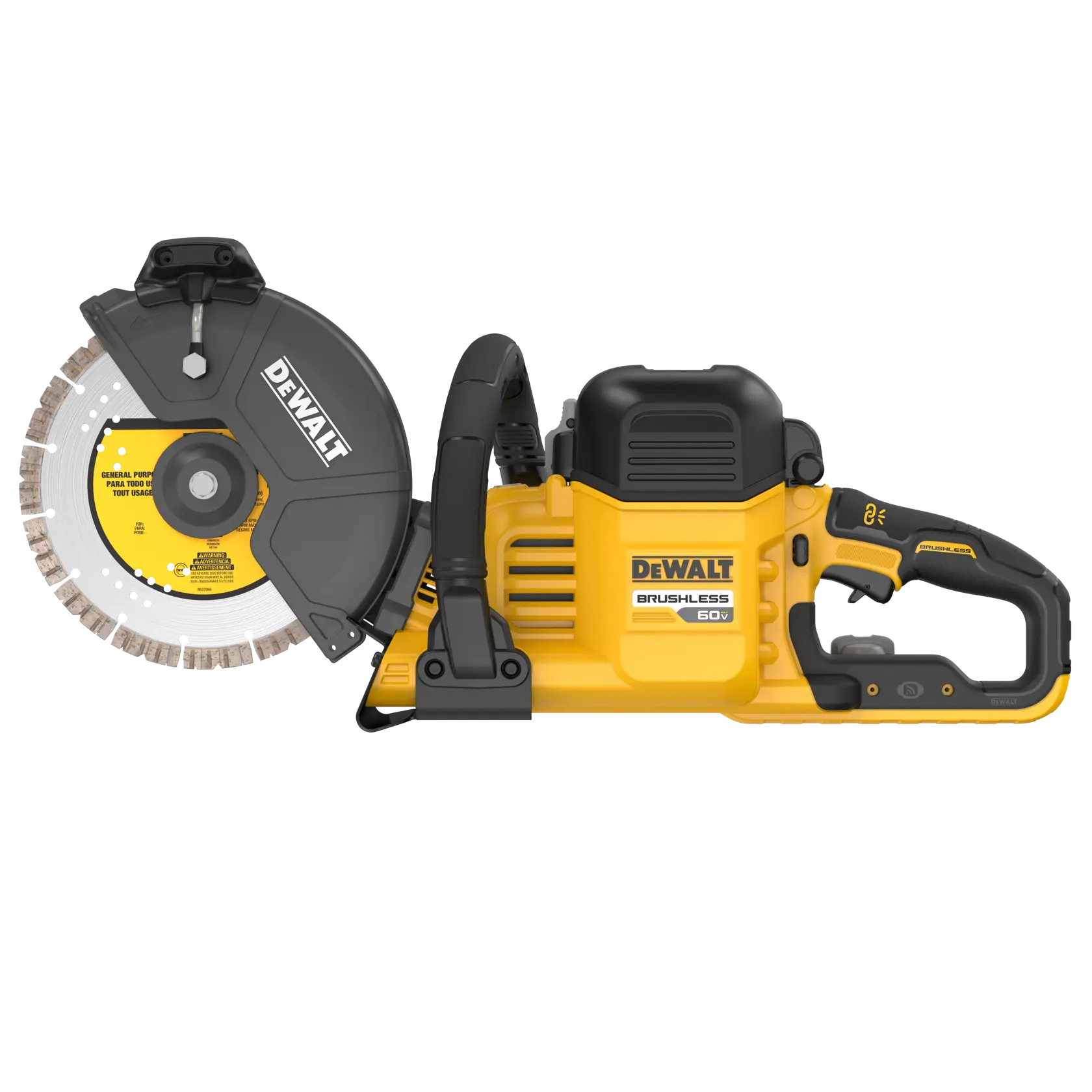 Uma serra de corte sem fio DEWALT 60V brushless de alta potência com lâmina circular, corpo amarelo e preto, cabo ergonômico e proteção de segurança, projetada para tarefas de corte robustas.
