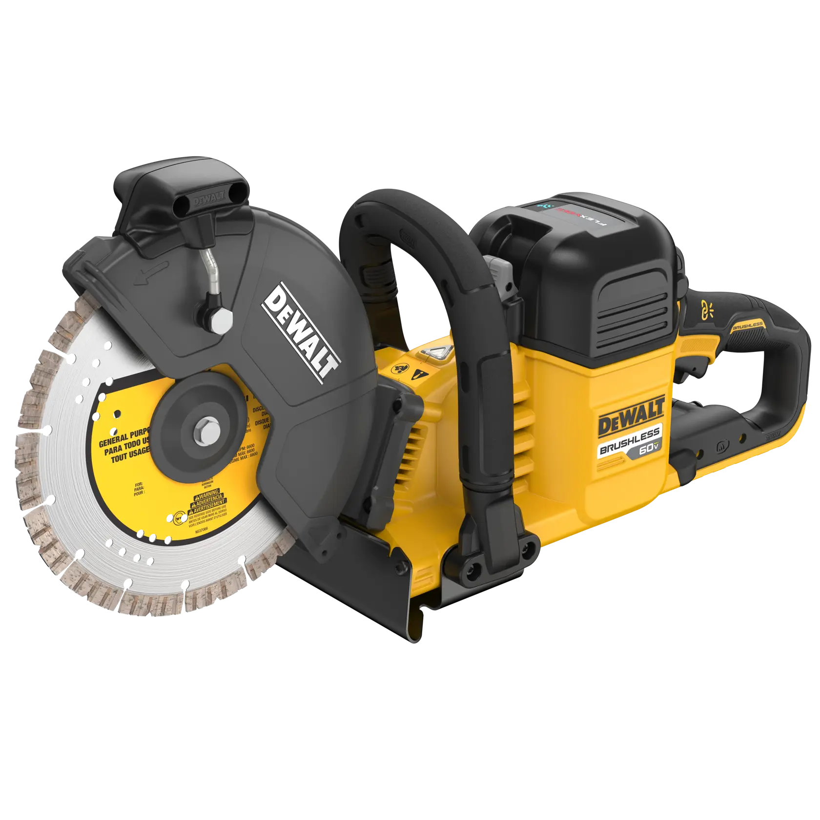 Uma serra de corte sem fio DEWALT brushless 60V, com corpo amarelo e preto, grande lâmina circular e alças ergonômicas.