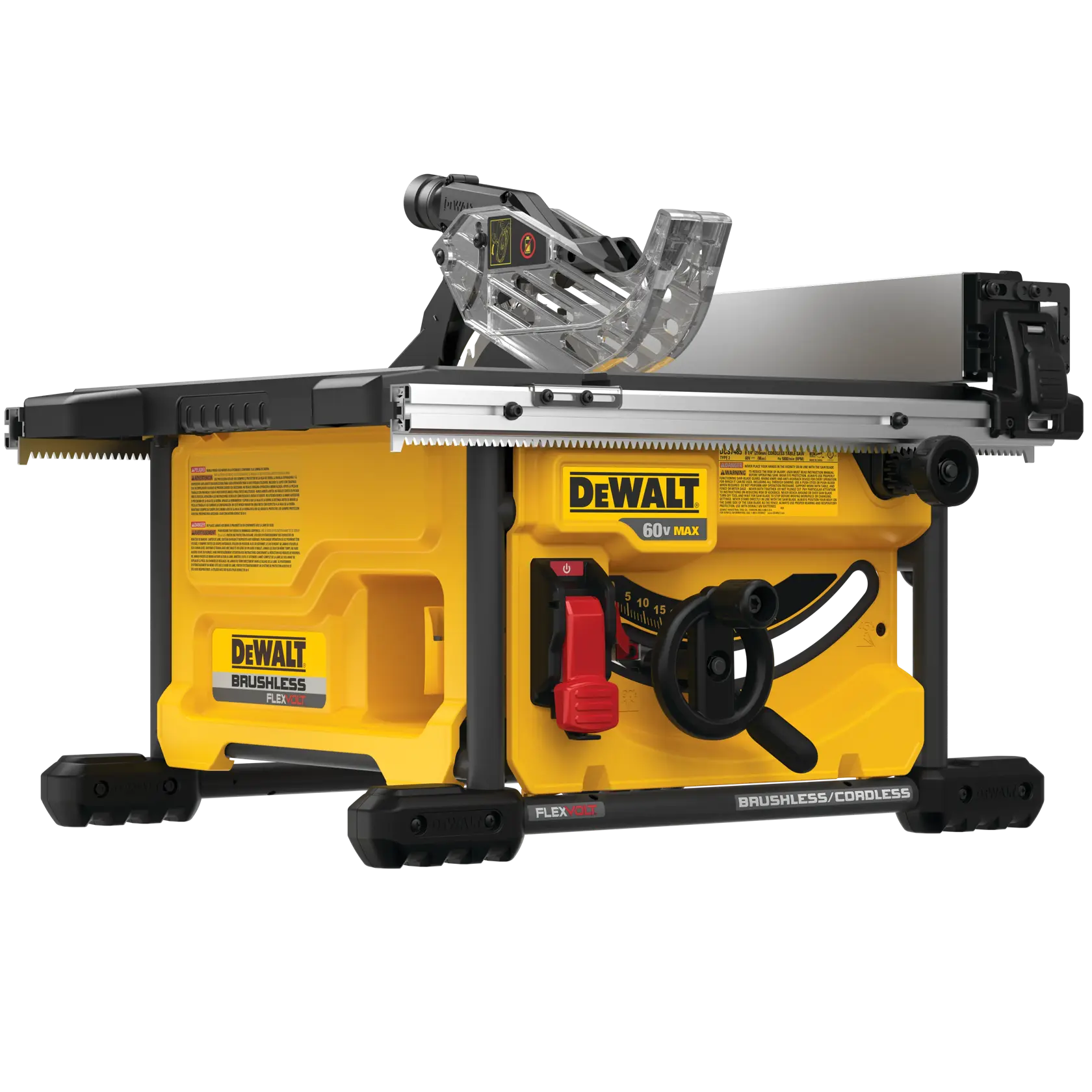 Uma serra de mesa brushless e sem fio DeWALT DCS7485B, com design amarelo e preto, roda de ajuste, proteção de segurança e o logotipo 60V MAX. A serra é indicada para cortes precisos, adequada para uso profissional e doméstico.