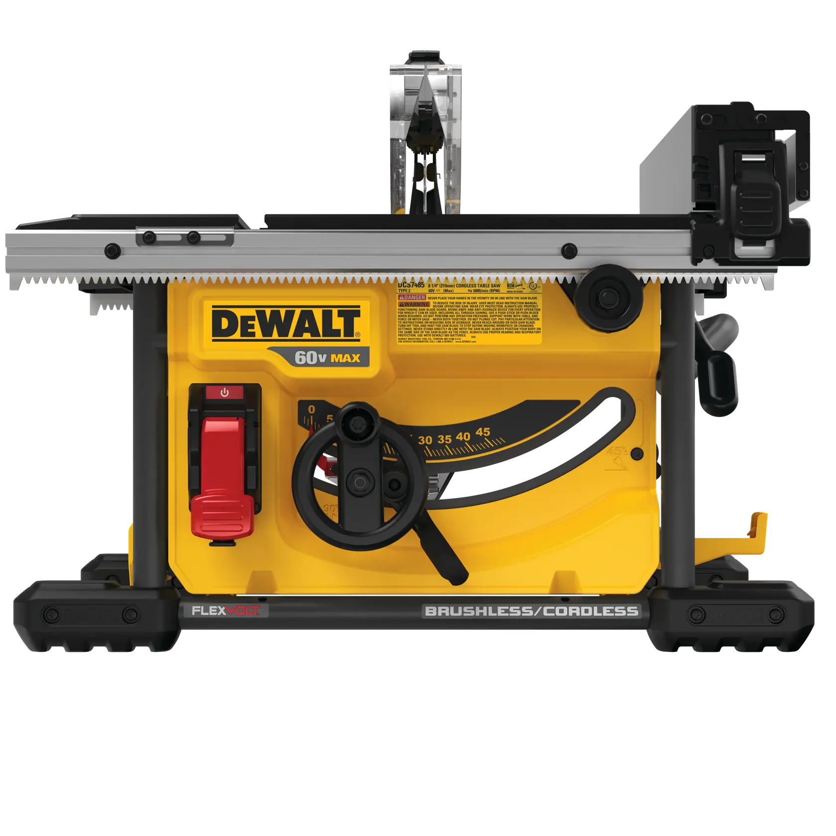 Vista frontal de uma serra de bancada sem fio DEWALT 60V Max com motor brushless e tecnologia FLEXVOLT. A ferramenta amarela e preta inclui interruptor de energia, alças de ajuste e marcações de medição detalhadas.