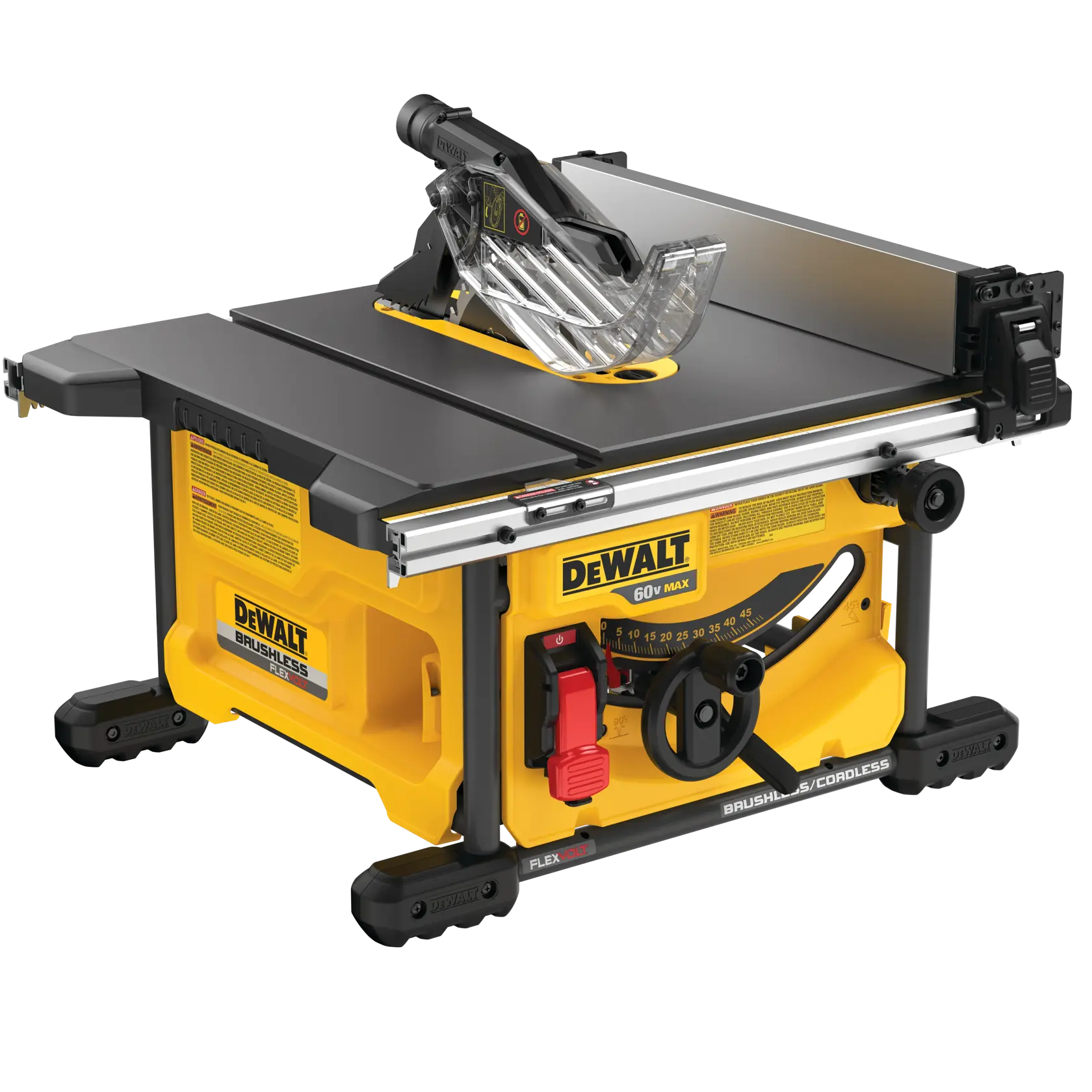 Serra de mesa sem fio brushless DEWALT, modelo DCS7485B, com design amarelo e preto, botões de ajuste, protetor de lâmina transparente e painel de medição marcado.