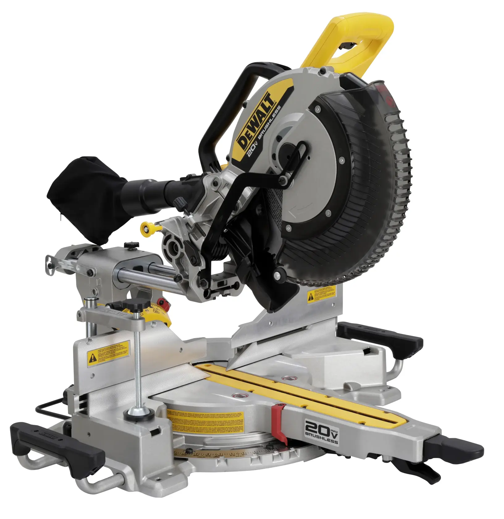 Uma serra de meia-esquadria composta deslizante sem fio DEWALT 20V, com design amarelo e preto, saco de coleta de pó e ângulos de corte ajustáveis. A serra está sobre um fundo branco.