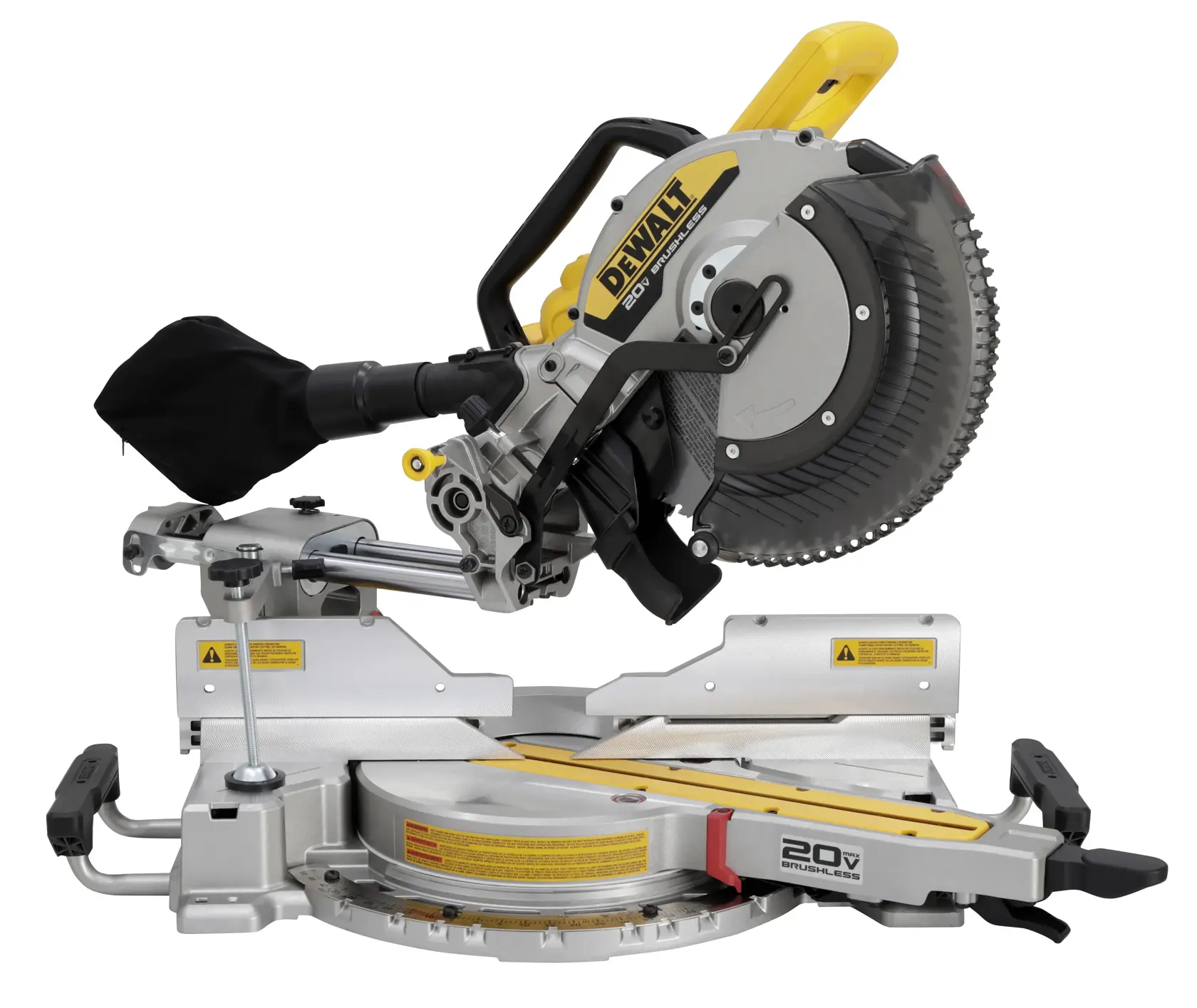Uma serra de esquadria sem fio DEWALT com motor brushless, potência de 20V e mecanismo deslizante. A serra apresenta esquema de cores amarela e prata, saco coletor de pó e ajustes para cortes precisos.