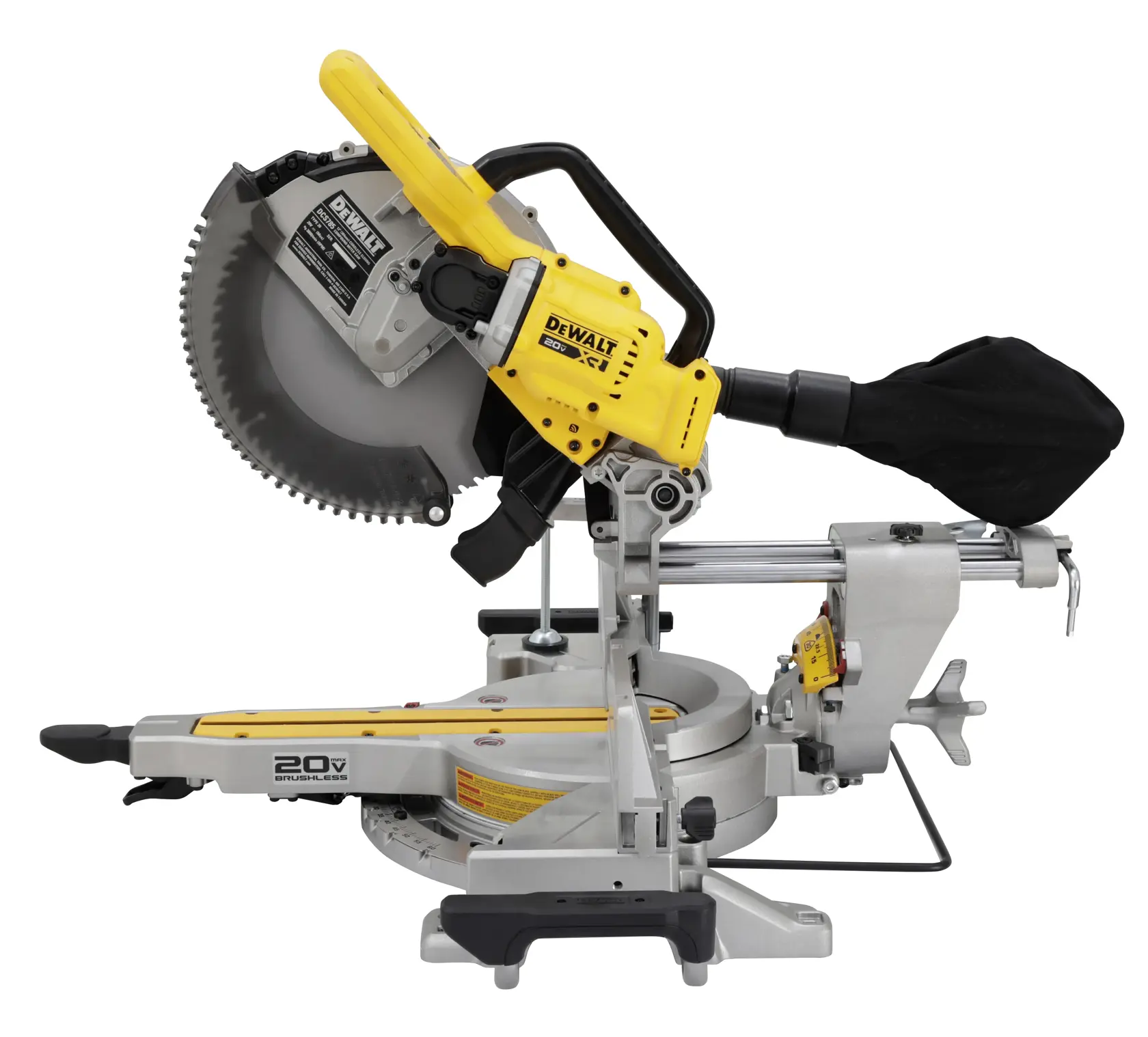 Uma serra de esquadria composta deslizante sem fio DEWALT 20V, com design amarelo e prata e saco de coleta de pó preto.