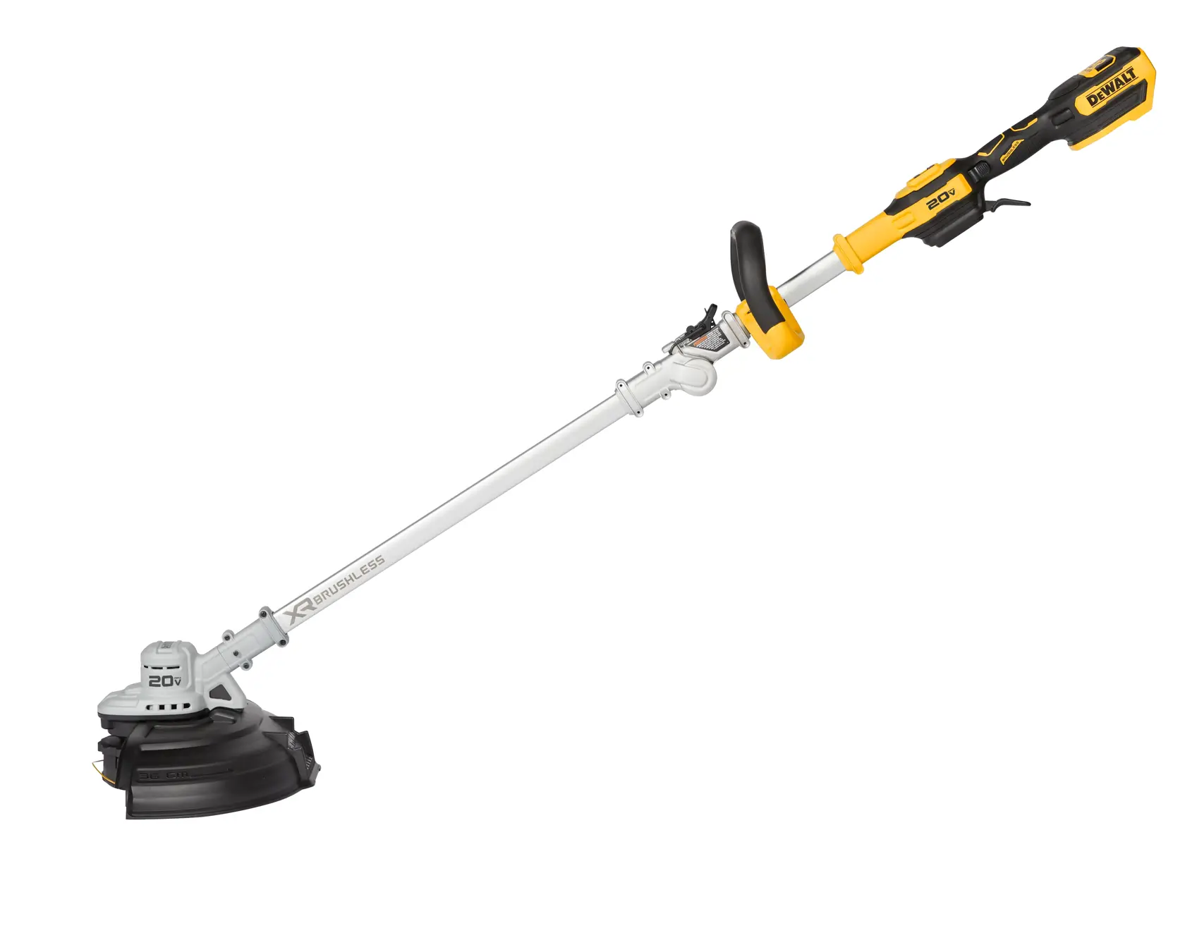Aparador de grama sem fio DEWALT com cabo amarelo e preto e haste longa para jardinagem.