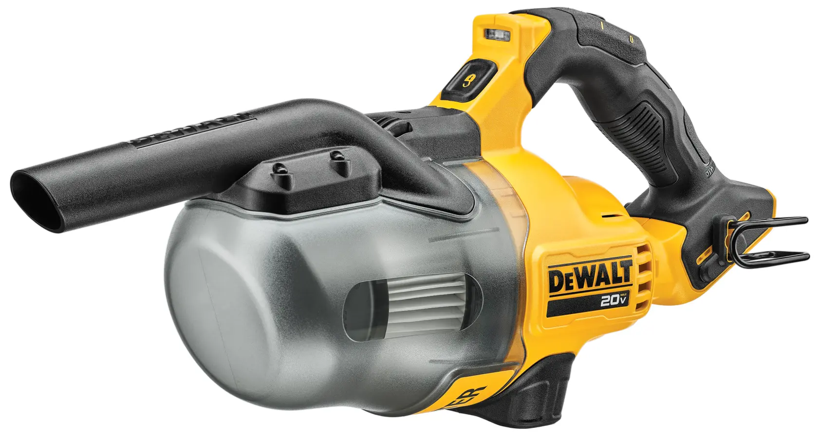 Um aspirador de pó portátil DEWALT 20V amarelo e preto com recipiente de poeira transparente e pega ergonômica.