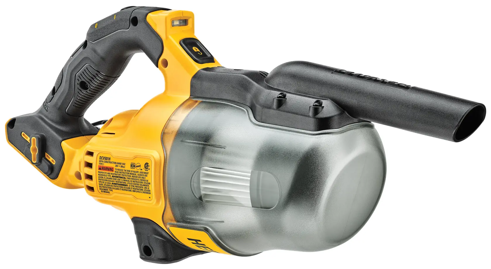 Um aspirador portátil sem fio com design amarelo e preto, recipiente transparente para pó e bico longo. O produto é da marca DEWALT.