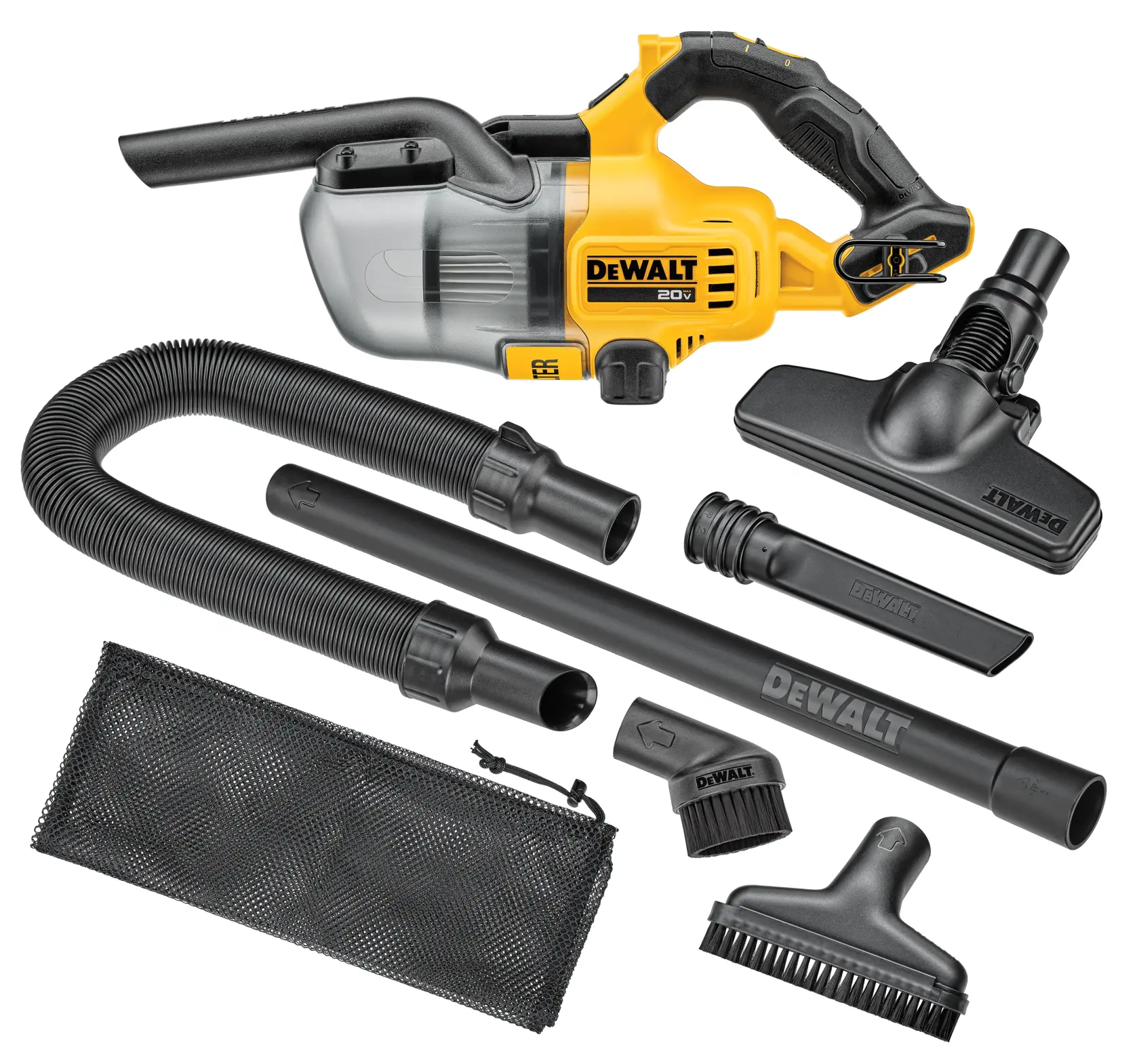 Aspirador portátil sem fio DEWALT 20V com vários acessórios, incluindo extensões, uma mangueira flexível, diferentes bocais, um bocal para cantos, um acessório de escova e uma bolsa de armazenamento em rede, todos apresentados sobre fundo branco.