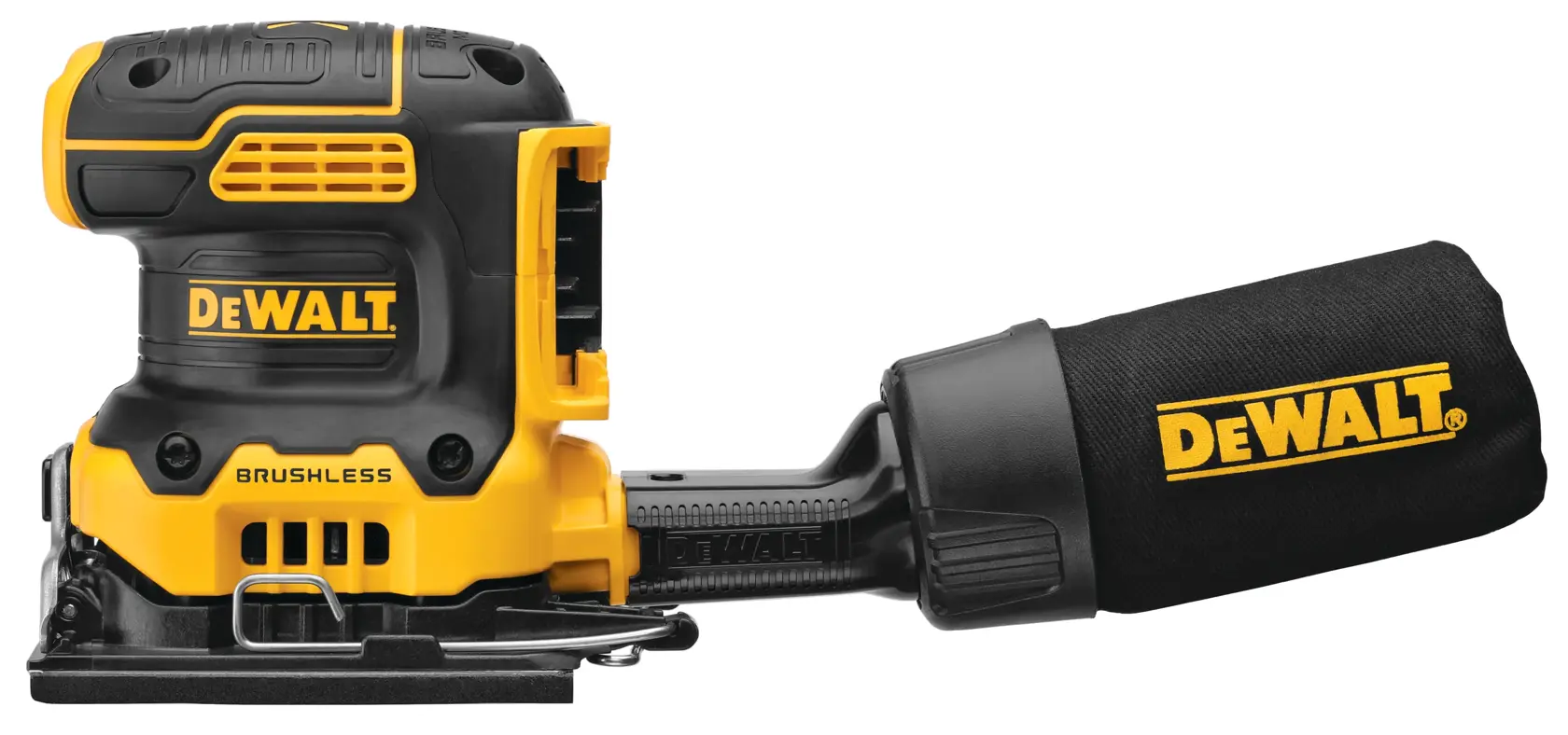 Uma lixadora brushless sem fio amarela e preta da marca DEWALT com um saco coletor de pó acoplado, exibida contra um fundo branco.