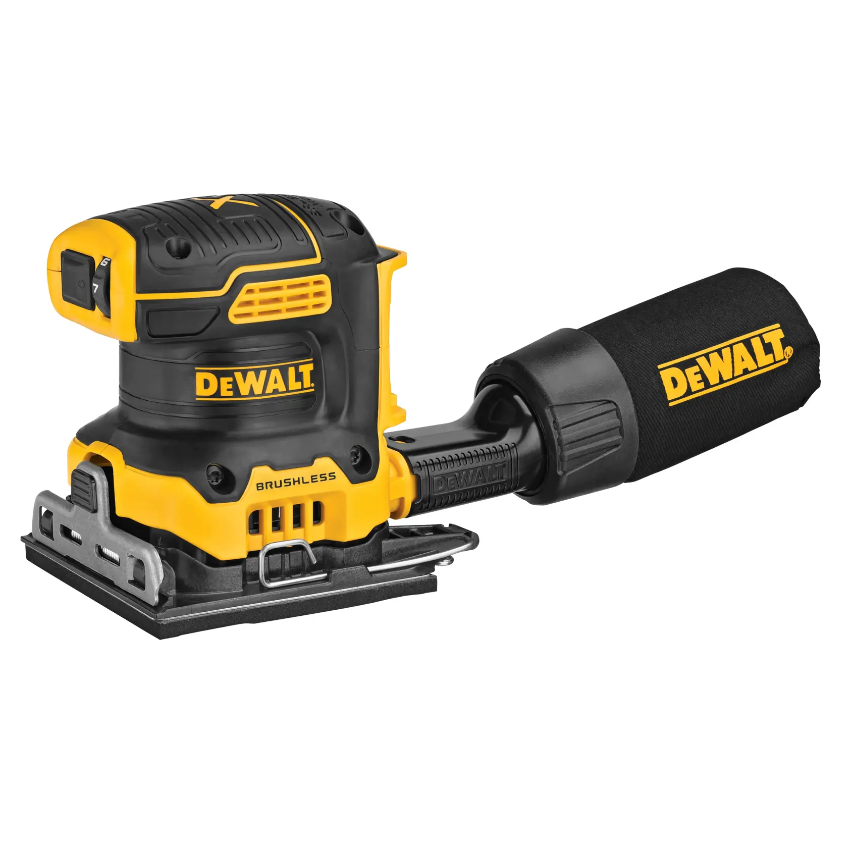 Lixadeira elétrica sem fio e sem escova DEWALT com saco coletor de pó acoplado, nas cores amarelo e preto.