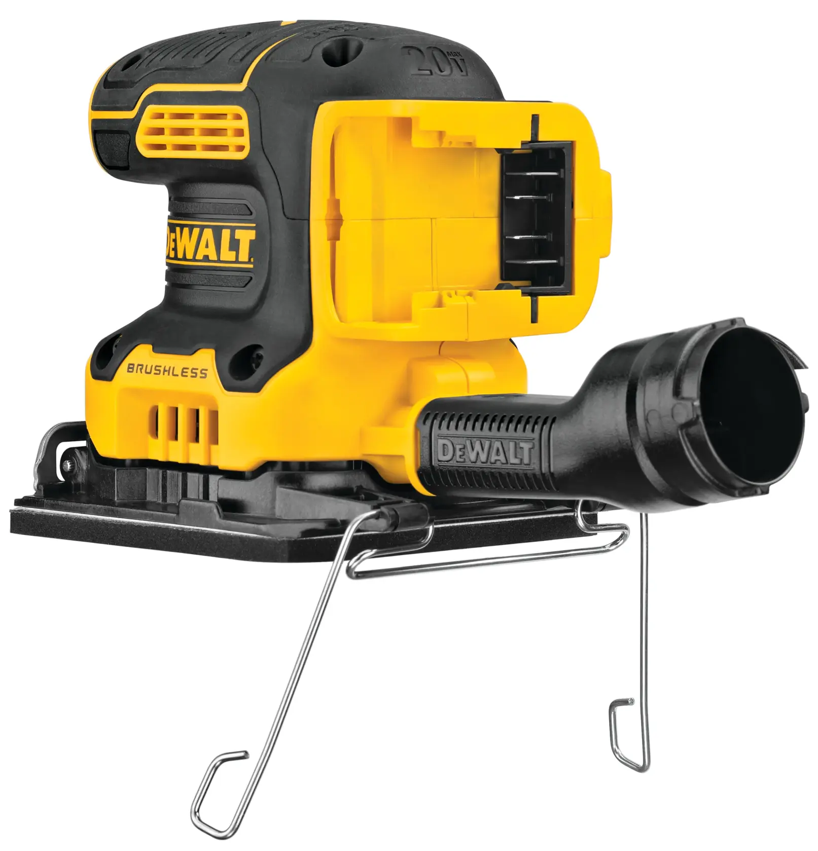 Lixadeira sem fio DEWALT DCW200B 20V brushless com corpo amarelo e preto, acessório para coleta de pó e base de metal, apresentada sobre fundo branco.