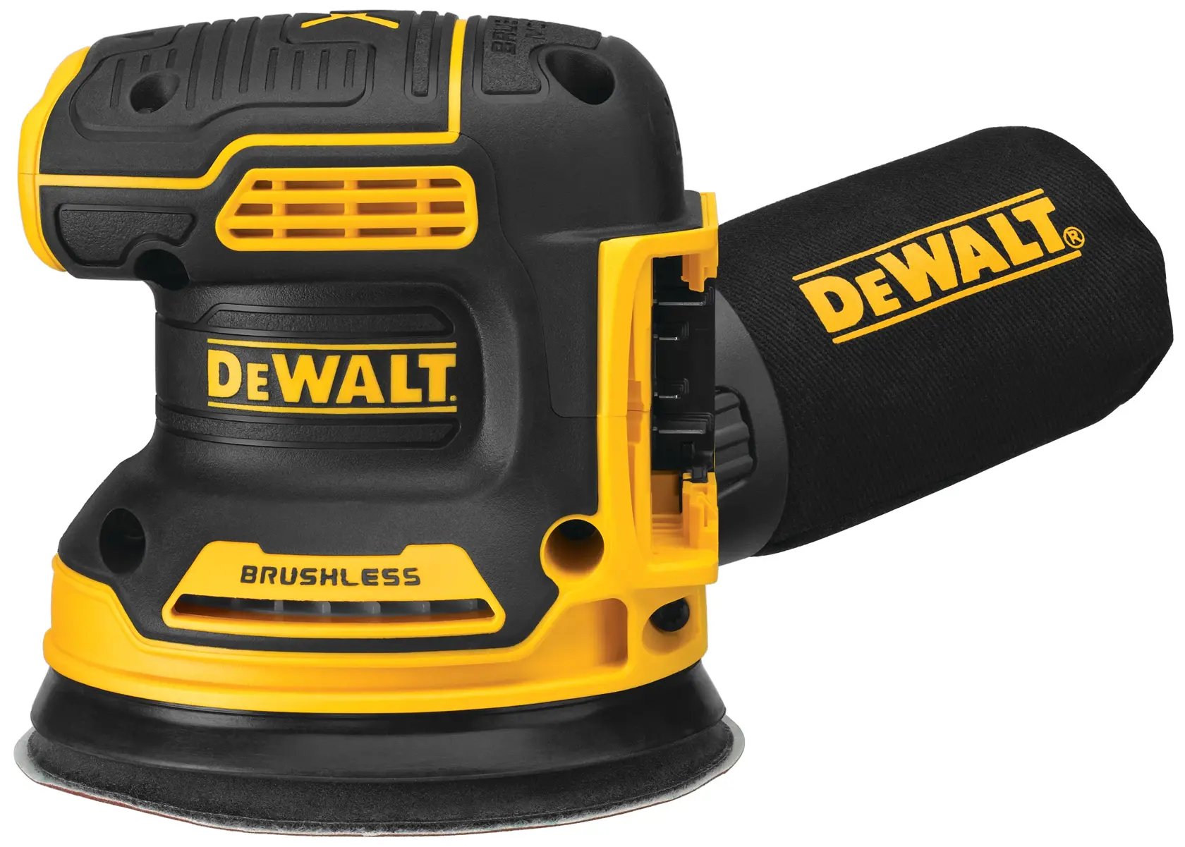 Uma lixadeira orbital aleatória sem fio da Dewalt, brushless, nas cores preta e amarela, com saco de pó acoplado.