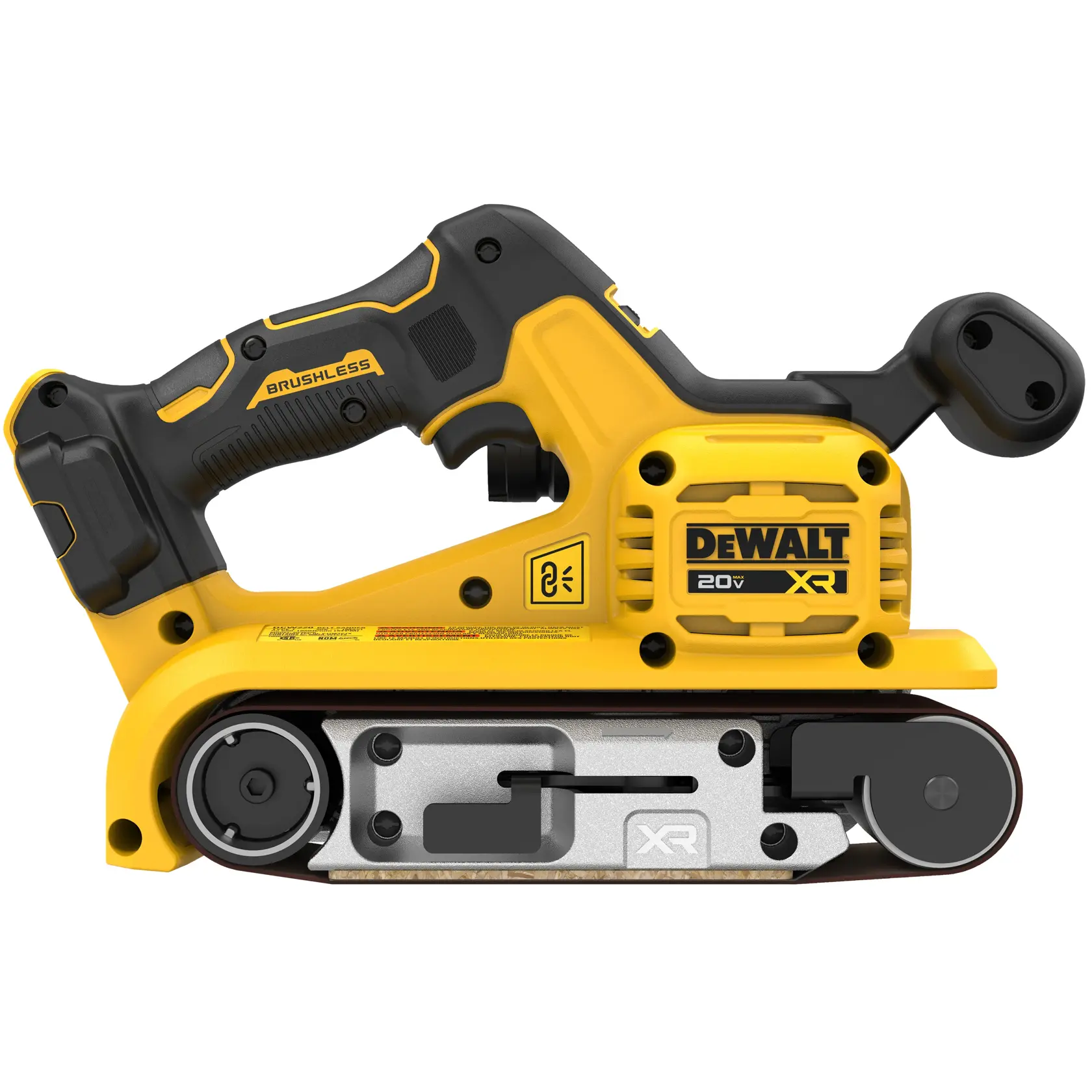 Uma lixadeira de cinta sem fio DEWALT 20V XR brushless com design amarelo e preto. A ferramenta possui uma alça, mecanismo de cinta e marca DEWALT na lateral.