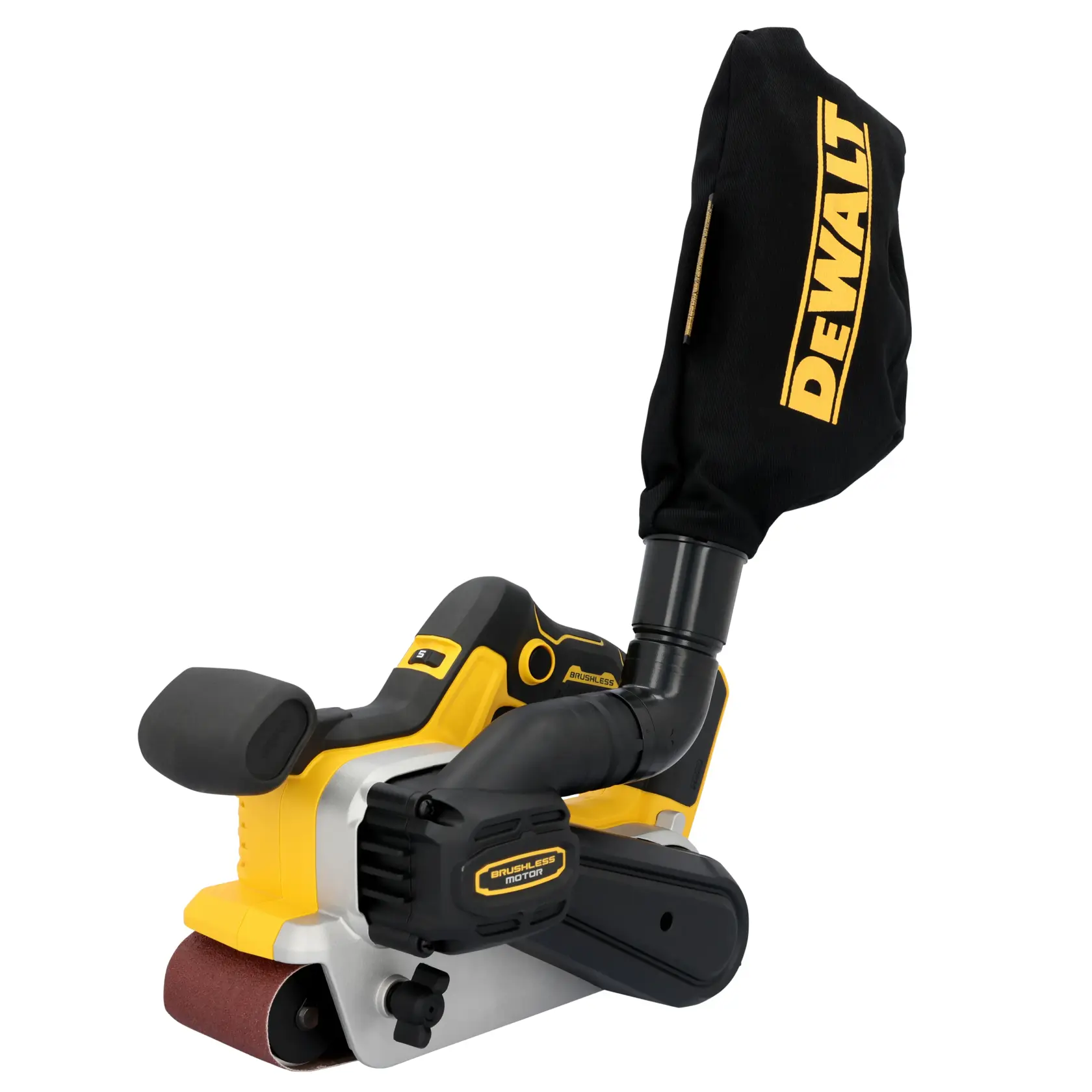 Uma lixadeira de cinta sem fio DEWALT com saco coletor de pó acoplado, design amarelo e preto e indicação de motor sem escova.