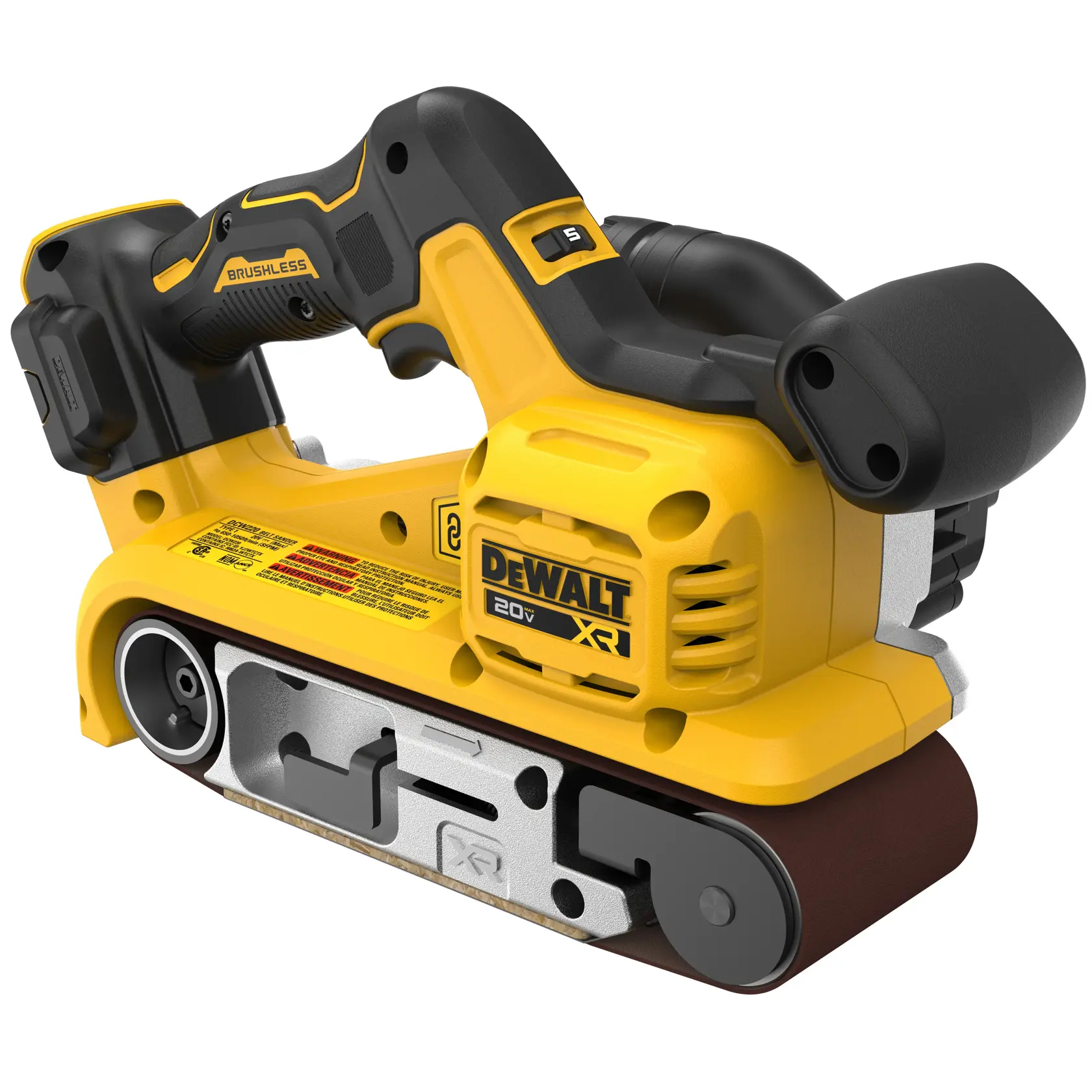 Uma lixadeira de cinta sem fio DEWALT 20V XR brushless com caixa amarela e preta, mostrando a cinta de lixa e o cabo ergonômico.