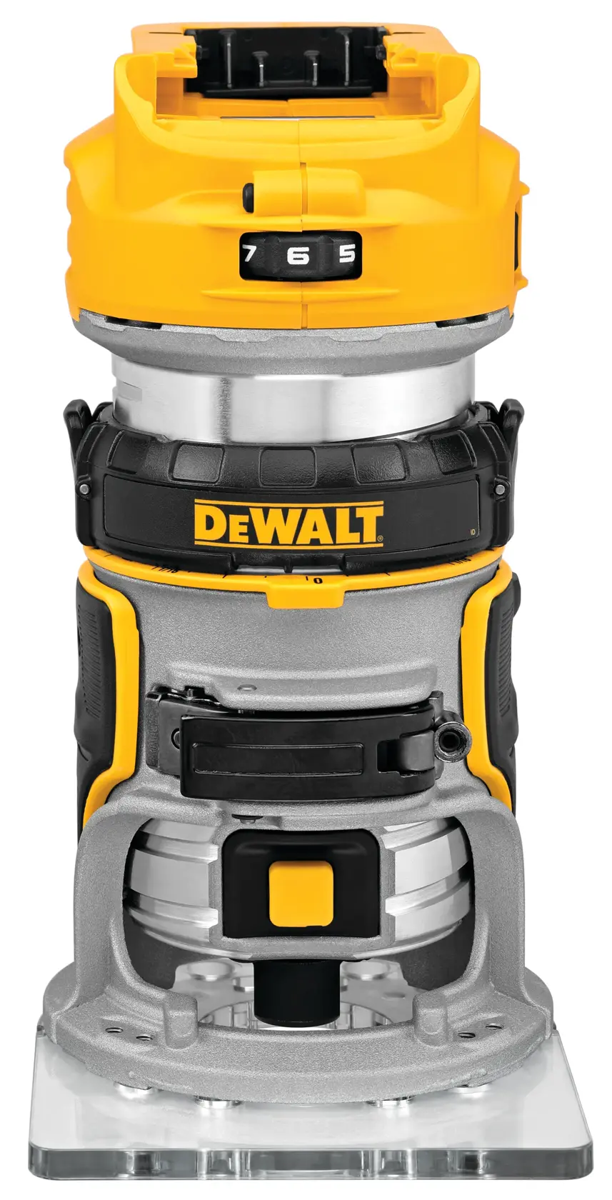 Vista frontal de uma tupia sem fio DEWALT DCW600B, com design amarelo e preto, mostrador de ajuste visível e logotipo DEWALT.