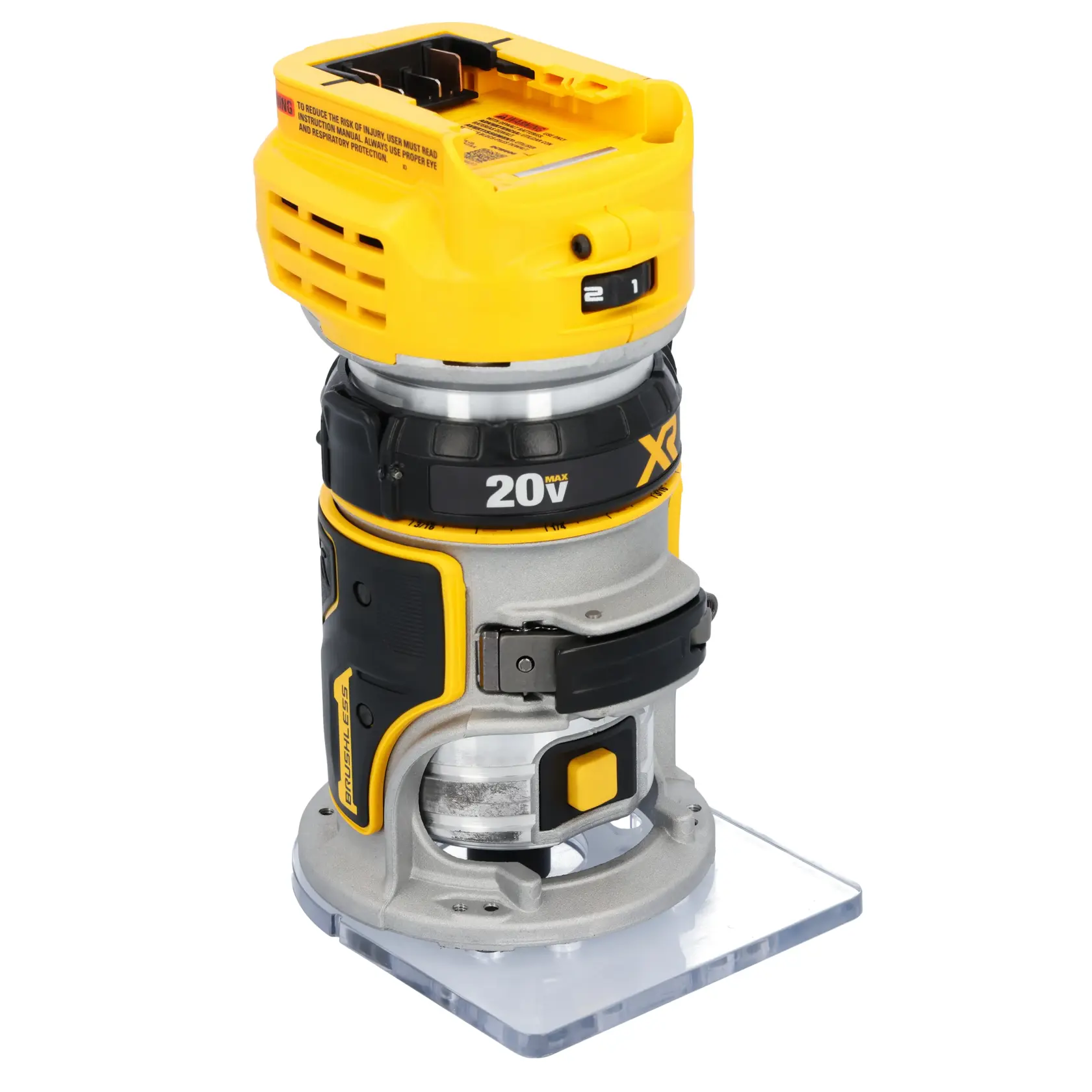 Tupia compacta sem fio DEWALT 20V, modelo DCW600B, com corpo amarelo e preto e base de plástico transparente, projetada para trabalhos em madeira e acabamento.