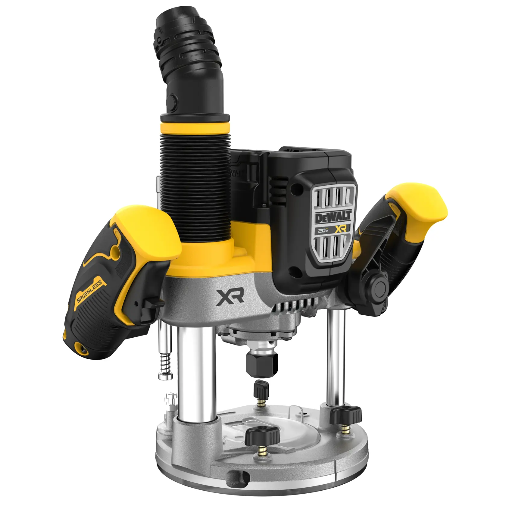 Uma tupia sem fio DEWALT com motor brushless, nas cores amarela e preta, equipada com duas alças, base transparente e porta de extração de pó, projetada para trabalhos em madeira e roteamento de precisão.