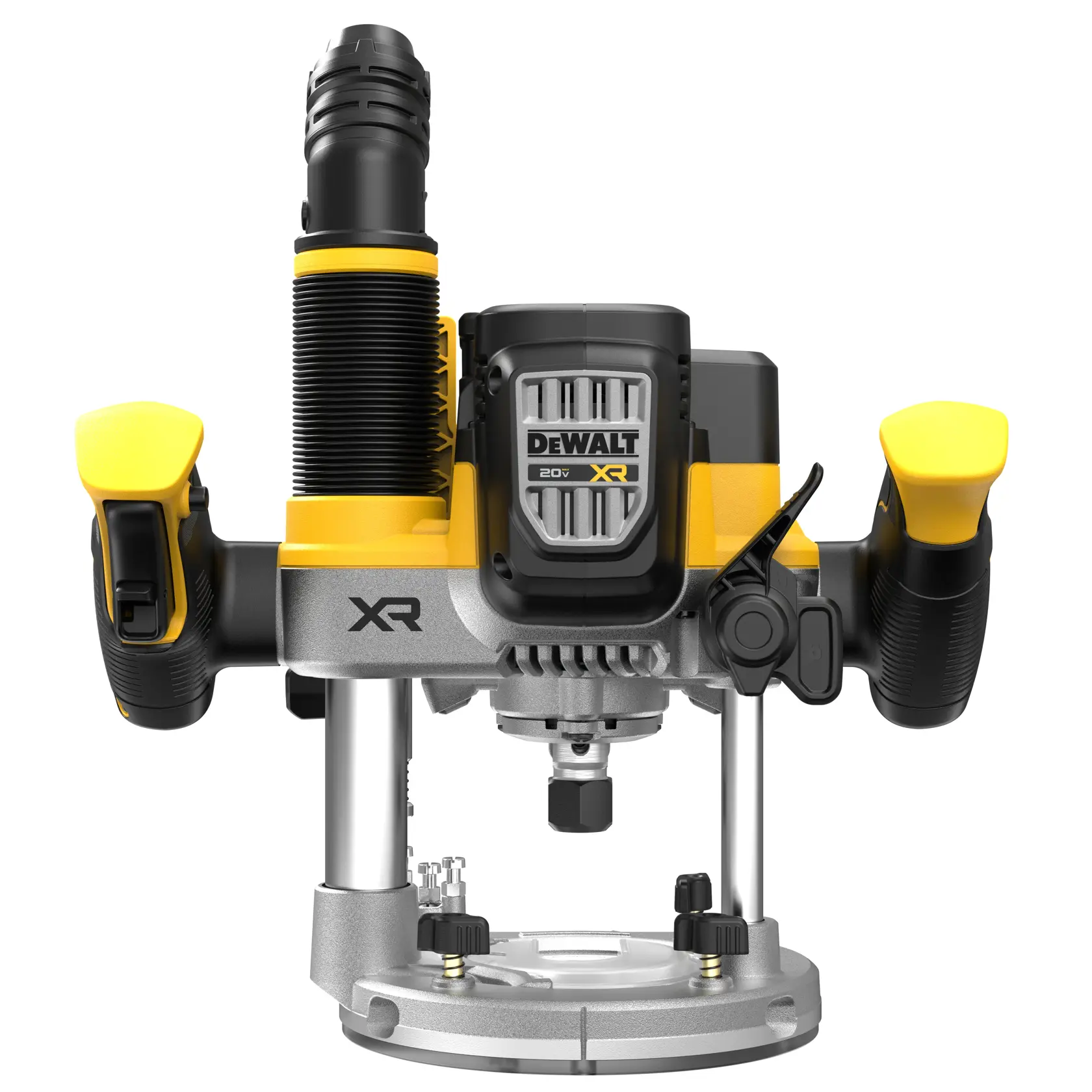 Vista frontal de uma tupia sem fio DEWALT DCW620B 20V XR. A ferramenta possui alças amarelas e pretas, uma unidade central de motor e uma base de metal, projetada para tarefas de marcenaria e fresagem.