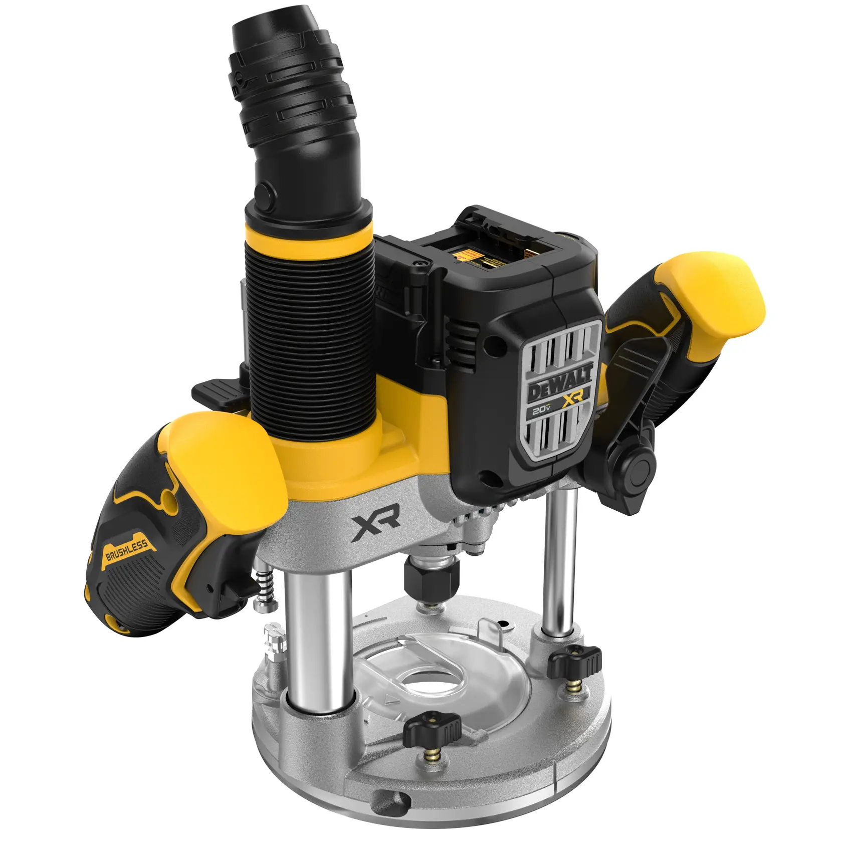 Roteador sem fio brushless DEWALT, modelo DCW620B, com alças ergonômicas e acessório para extração de pó, projetado para trabalhos em madeira e tarefas de roteamento de precisão.