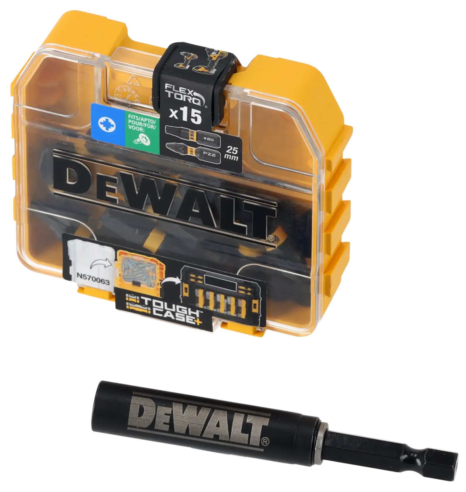 Um kit de acessórios para fotografia DEWALT DT70522T em uma caixa de plástico amarela e transparente, exibido com uma peça adaptadora preta DEWALT ao lado da caixa.