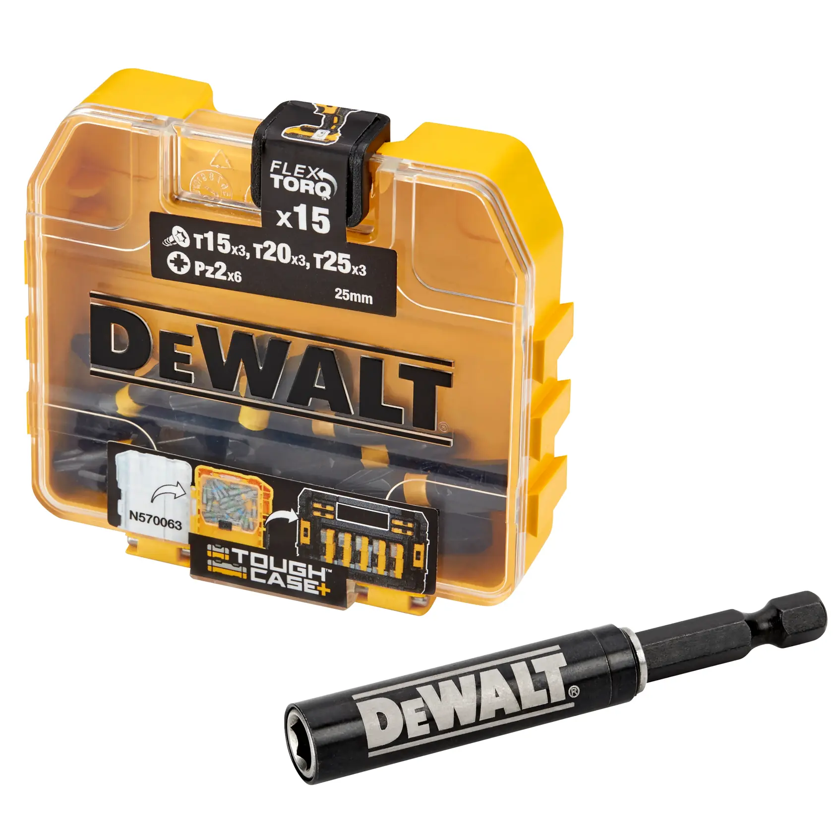 Jogo de bits DEWALT DT70522T FlexTorq em estojo amarelo com suporte para ferramentas.