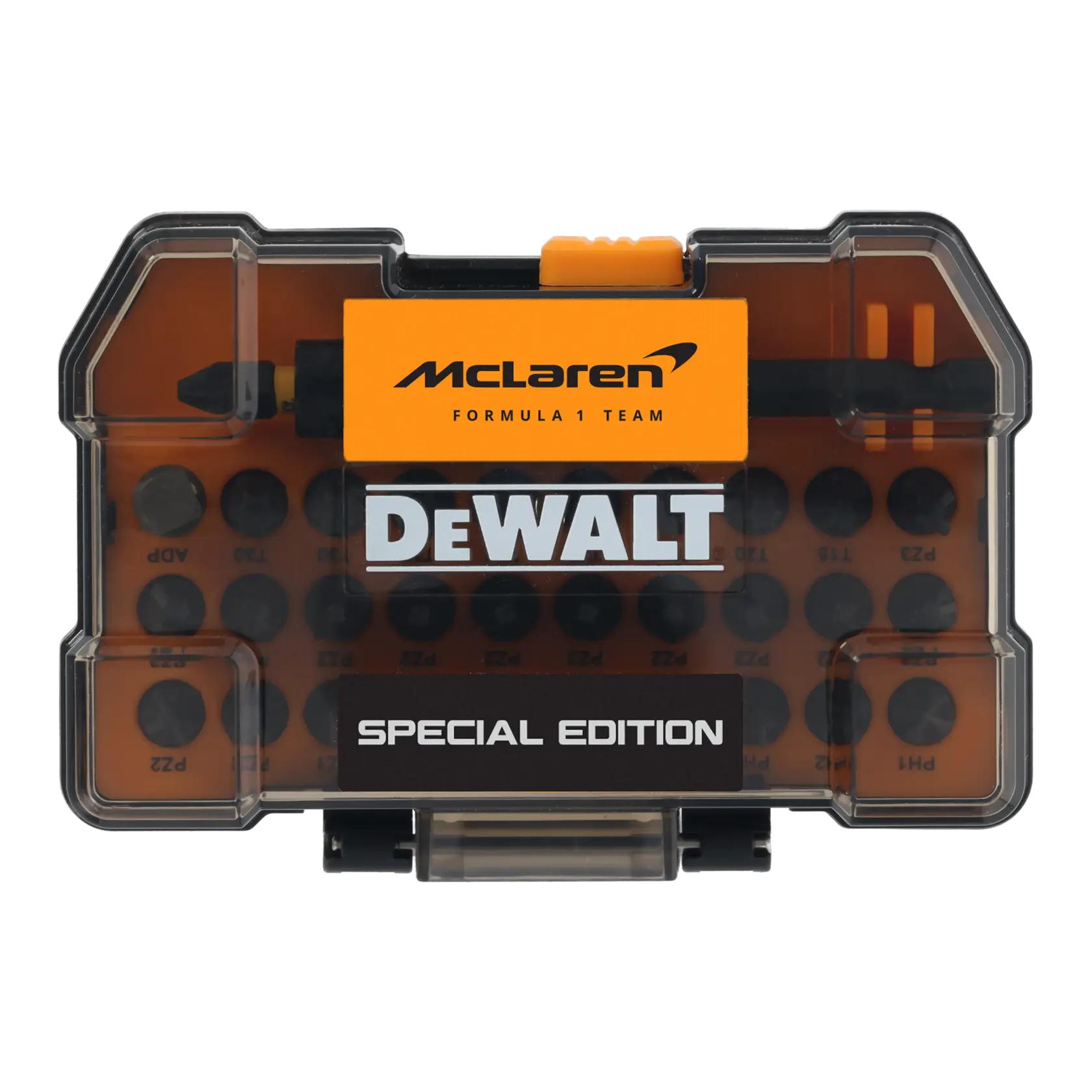 DEWALT McLaren Special Edition kit de bits, Fotografia, DT70900T, DT70900T-QZ em estojo preto.