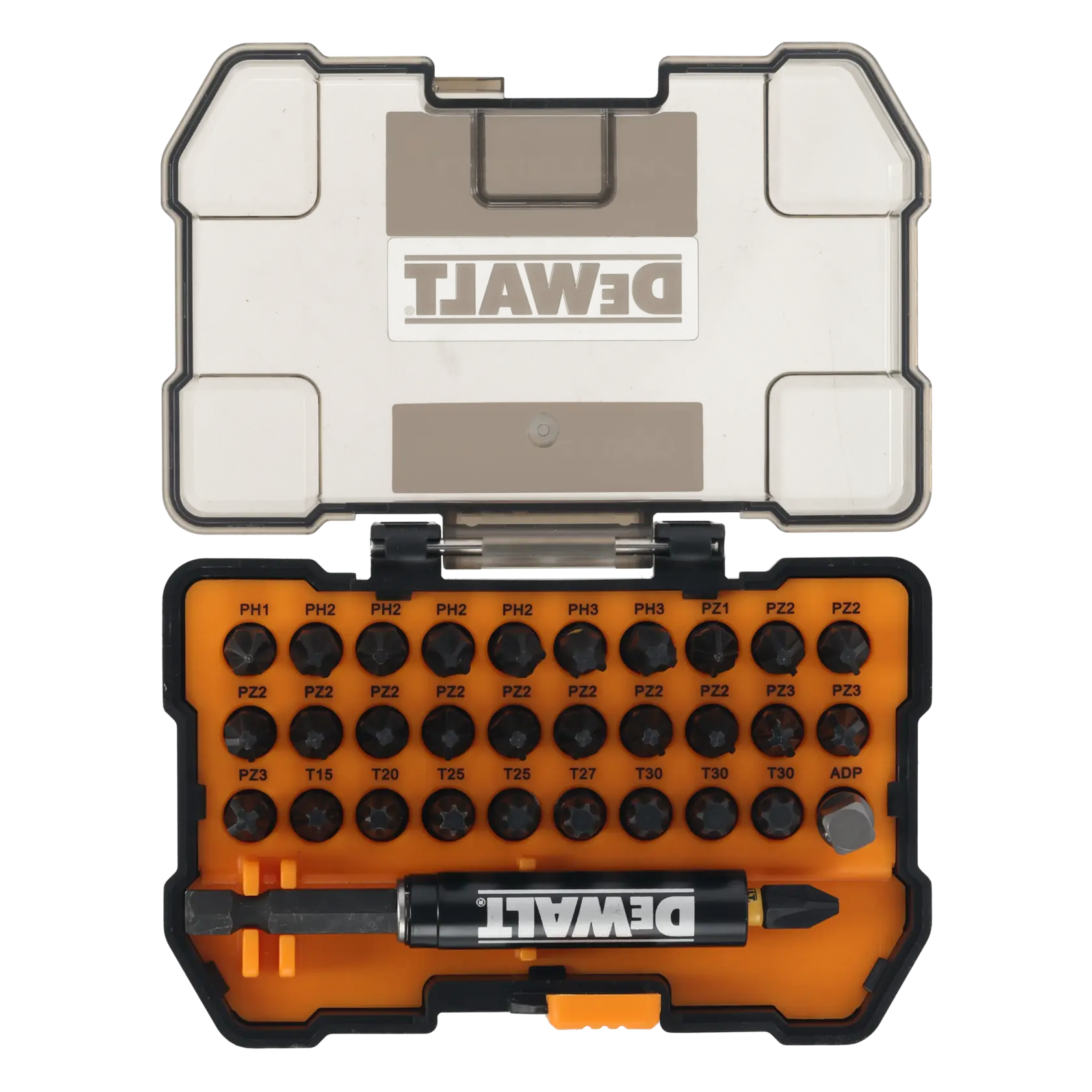 Kit de bits DEWALT em estojo DT70900T, DT70900T-QZ, fotografia, bits e suporte magnético.